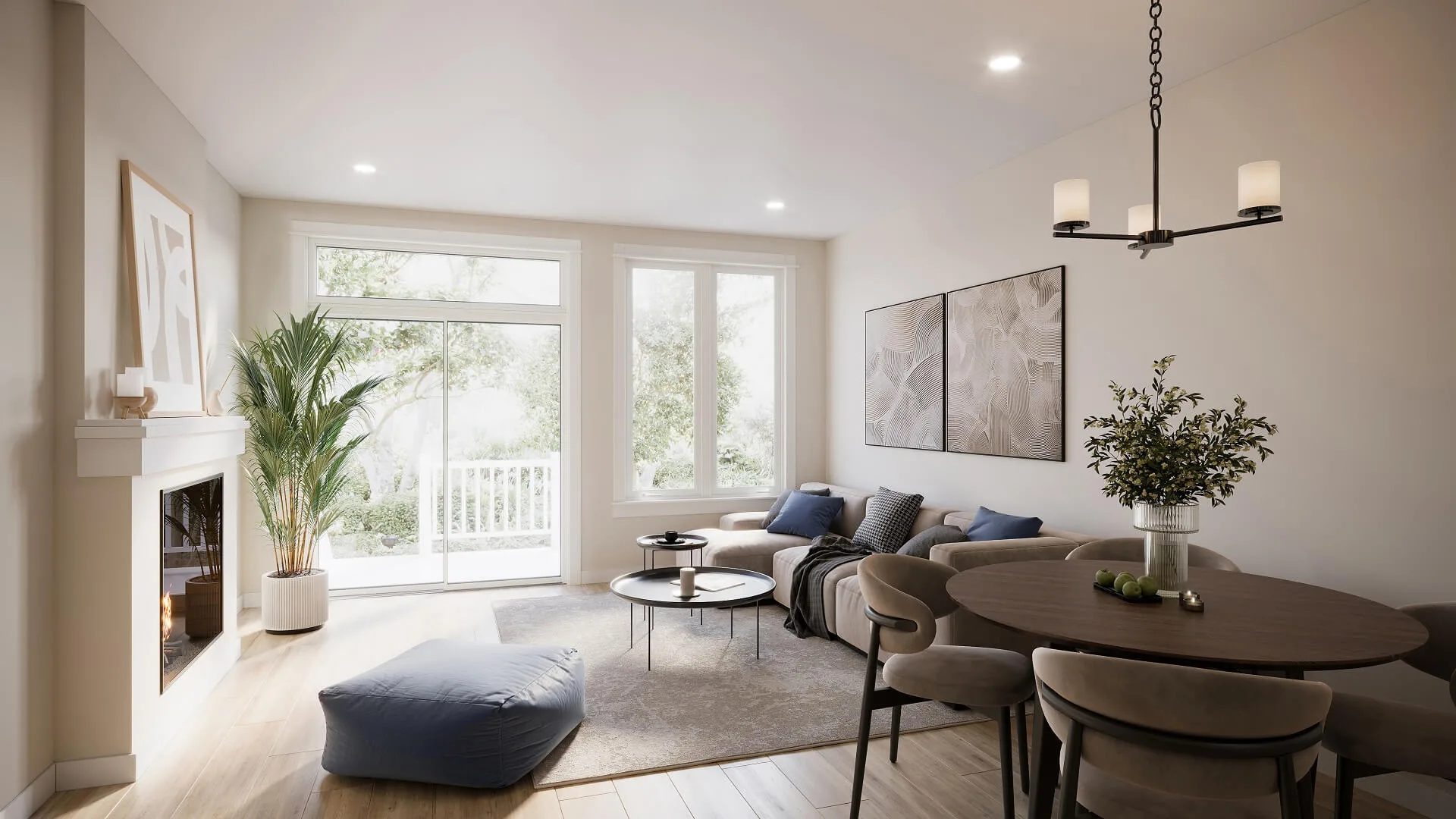 Living room interior render of a family home