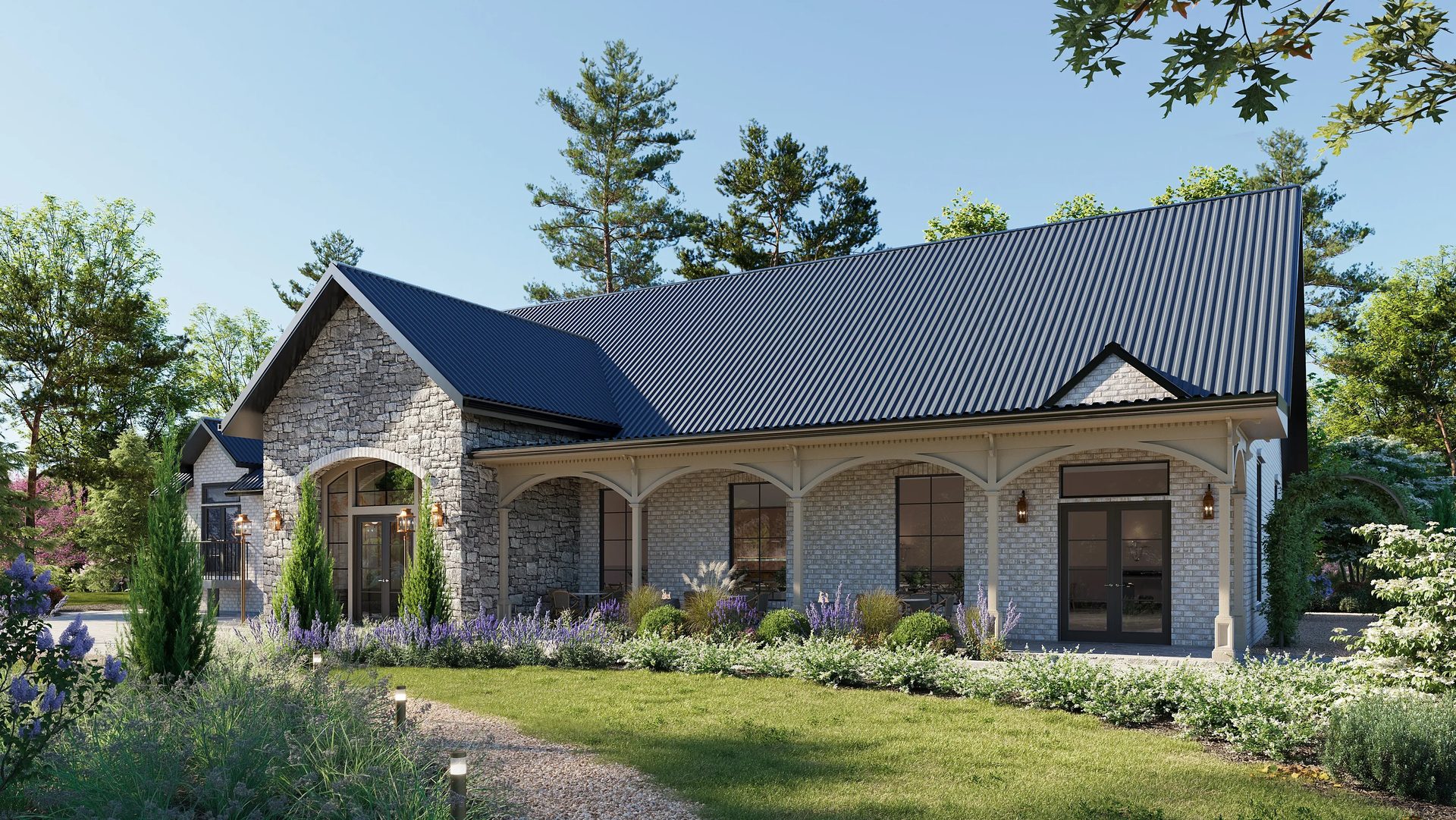 Hospitality 3D rendering of a stone event venue with a metal roof and a landscaped garden