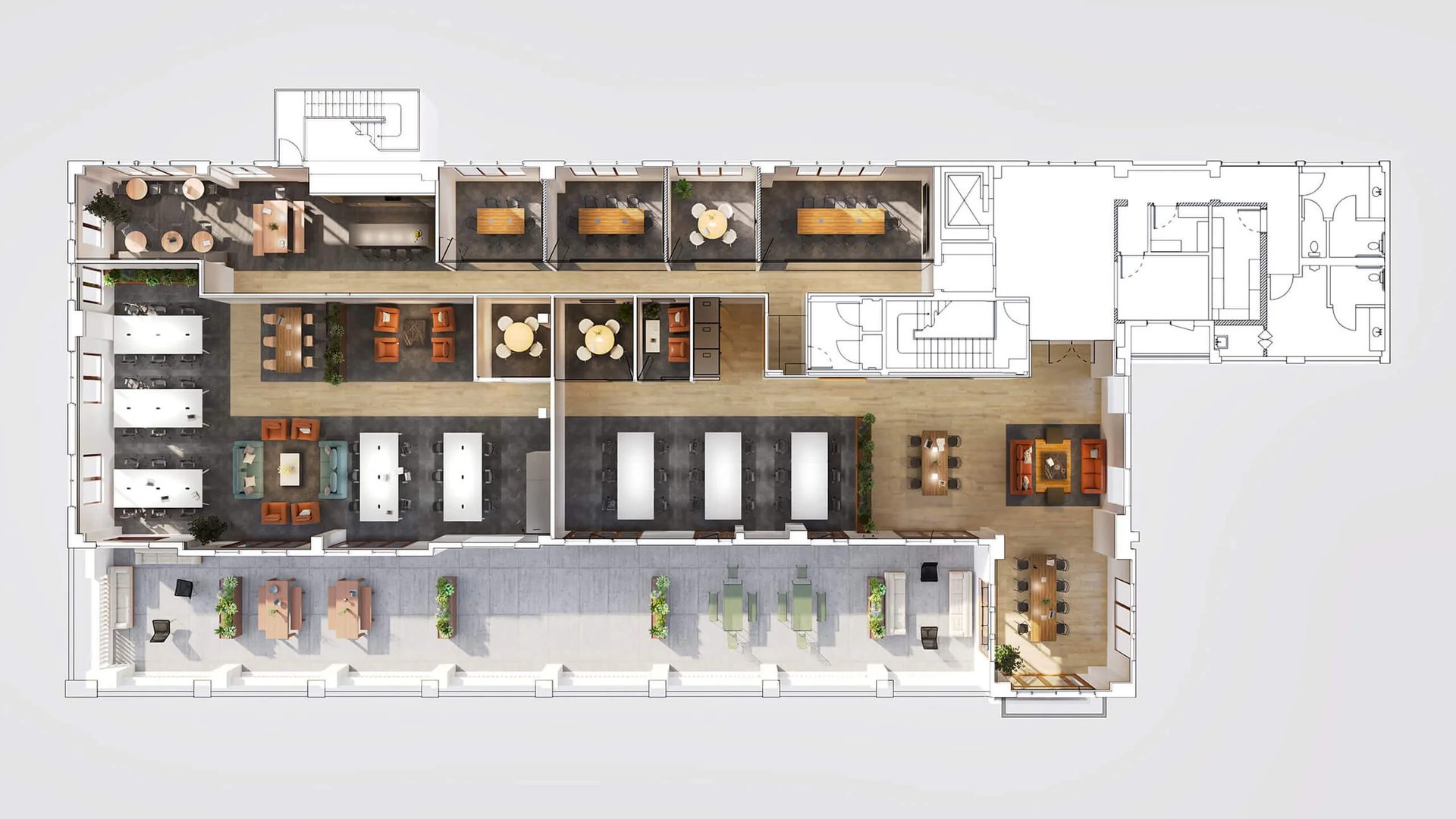 Hospitality plan in 3D: top view of a hotel spa floor with treatment rooms, lounge and bar