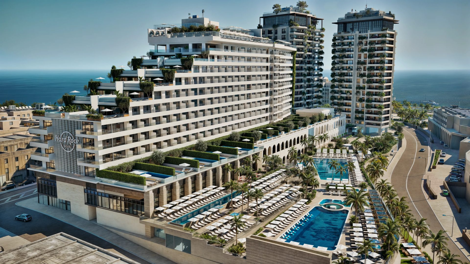 Hospitality rendering: aerial view of a luxury hotel and resort development with terraced pools