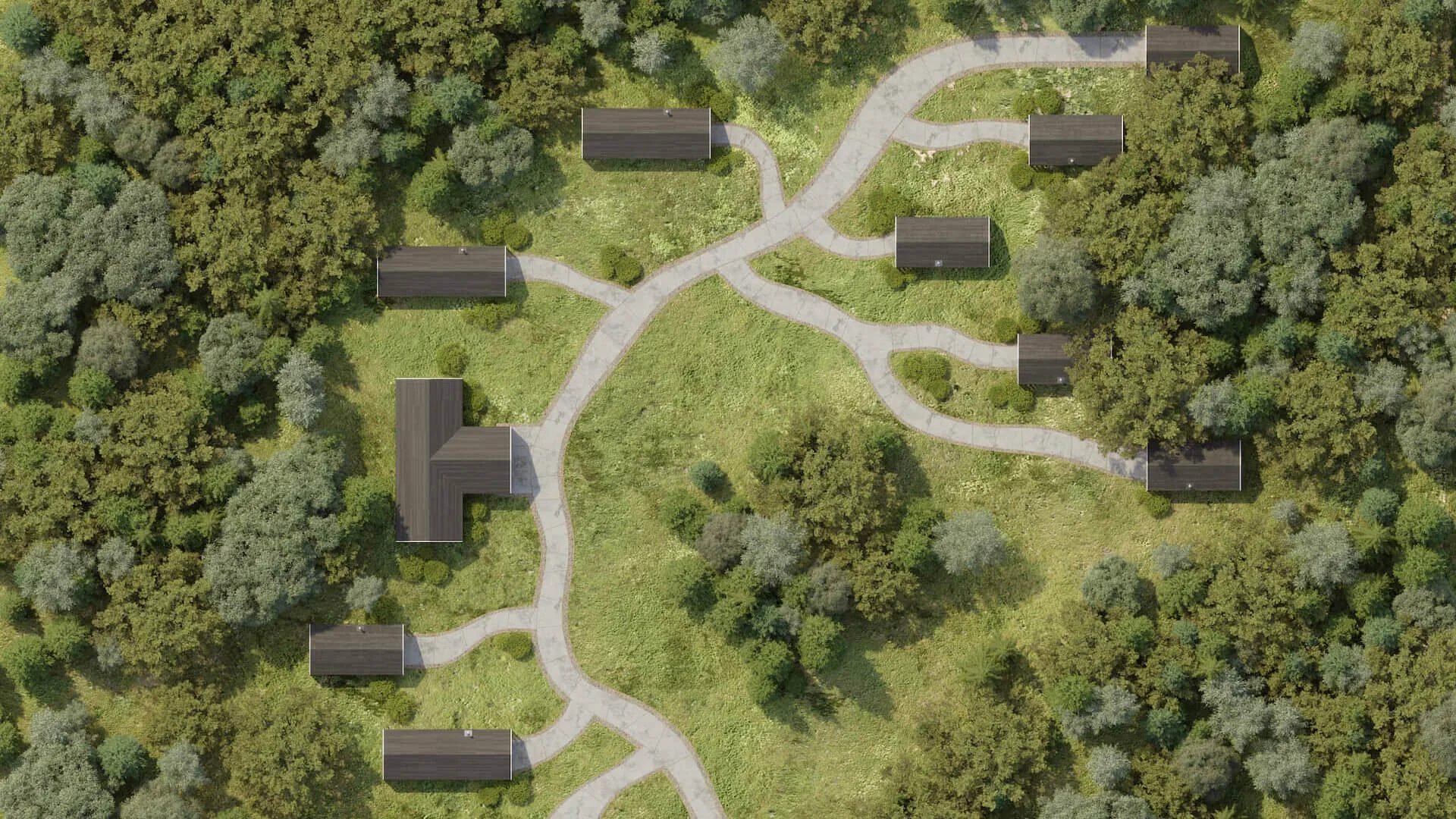 Aerial hospitality rendering of a resort site plan with cabins linked by winding paths