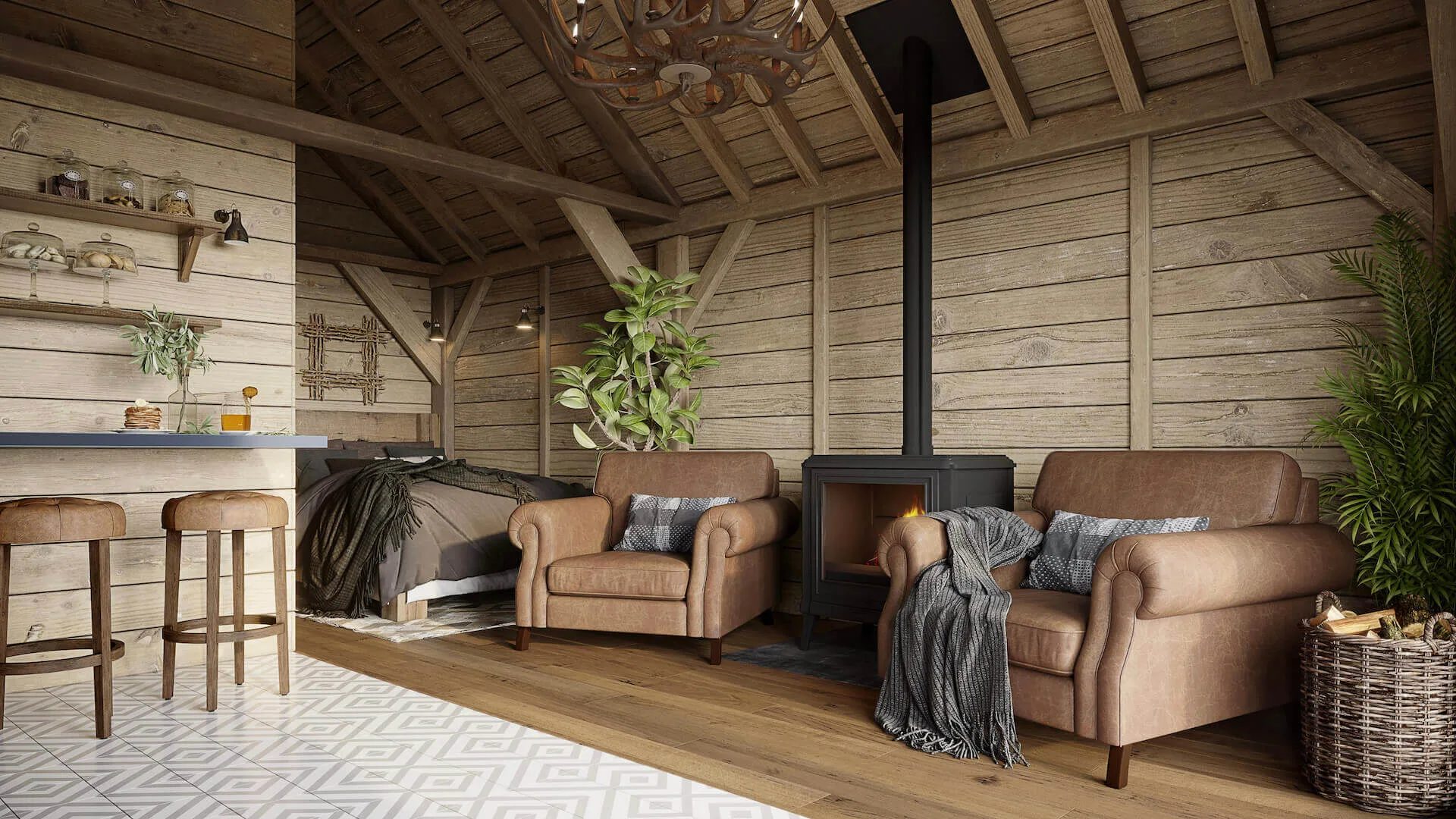 Hospitality interior design rendering of a lodge bar and lounge with a wood stove