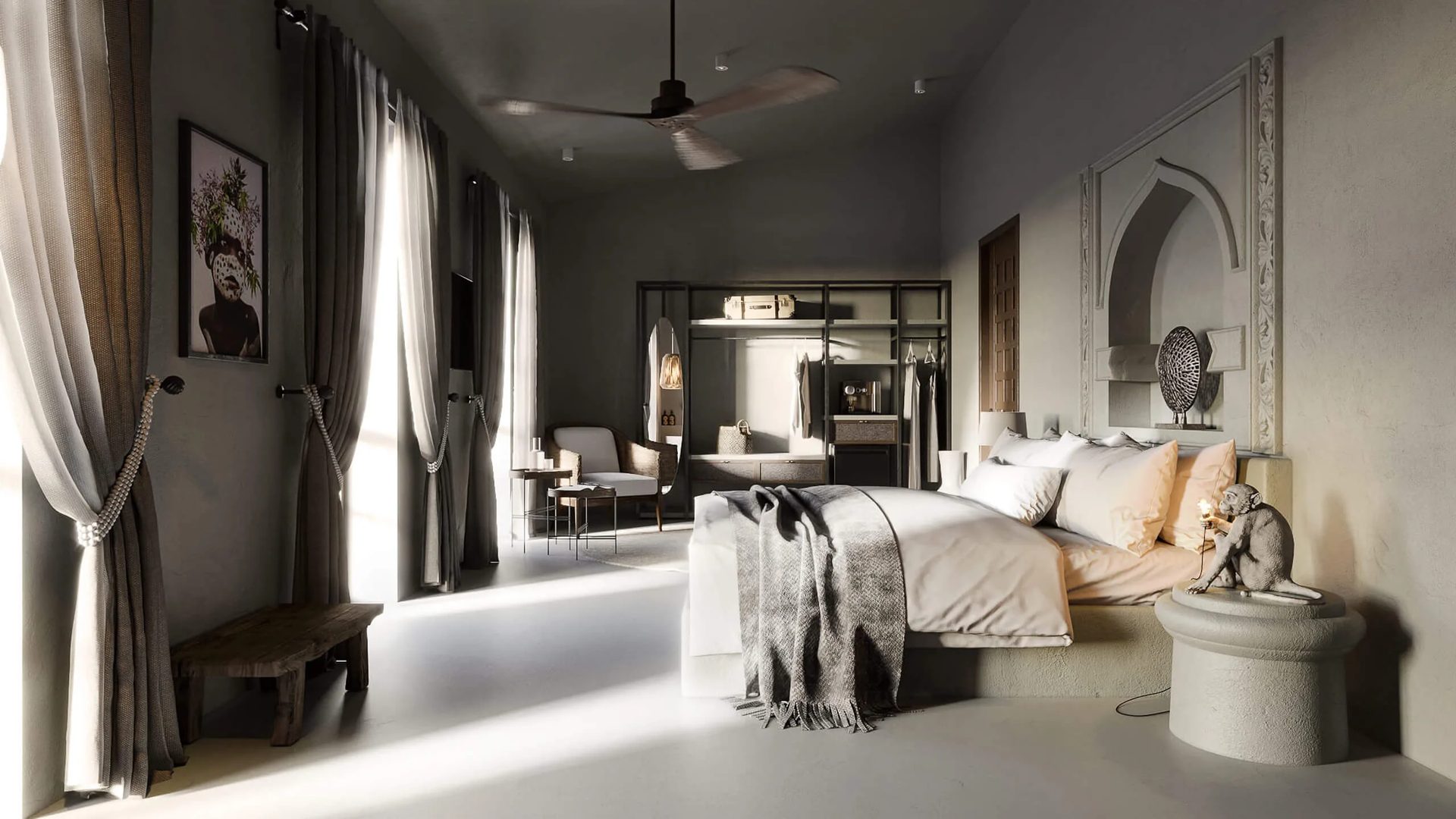 Hospitality suite interior rendering: classic hotel room with an arched niche and a neutral palette
