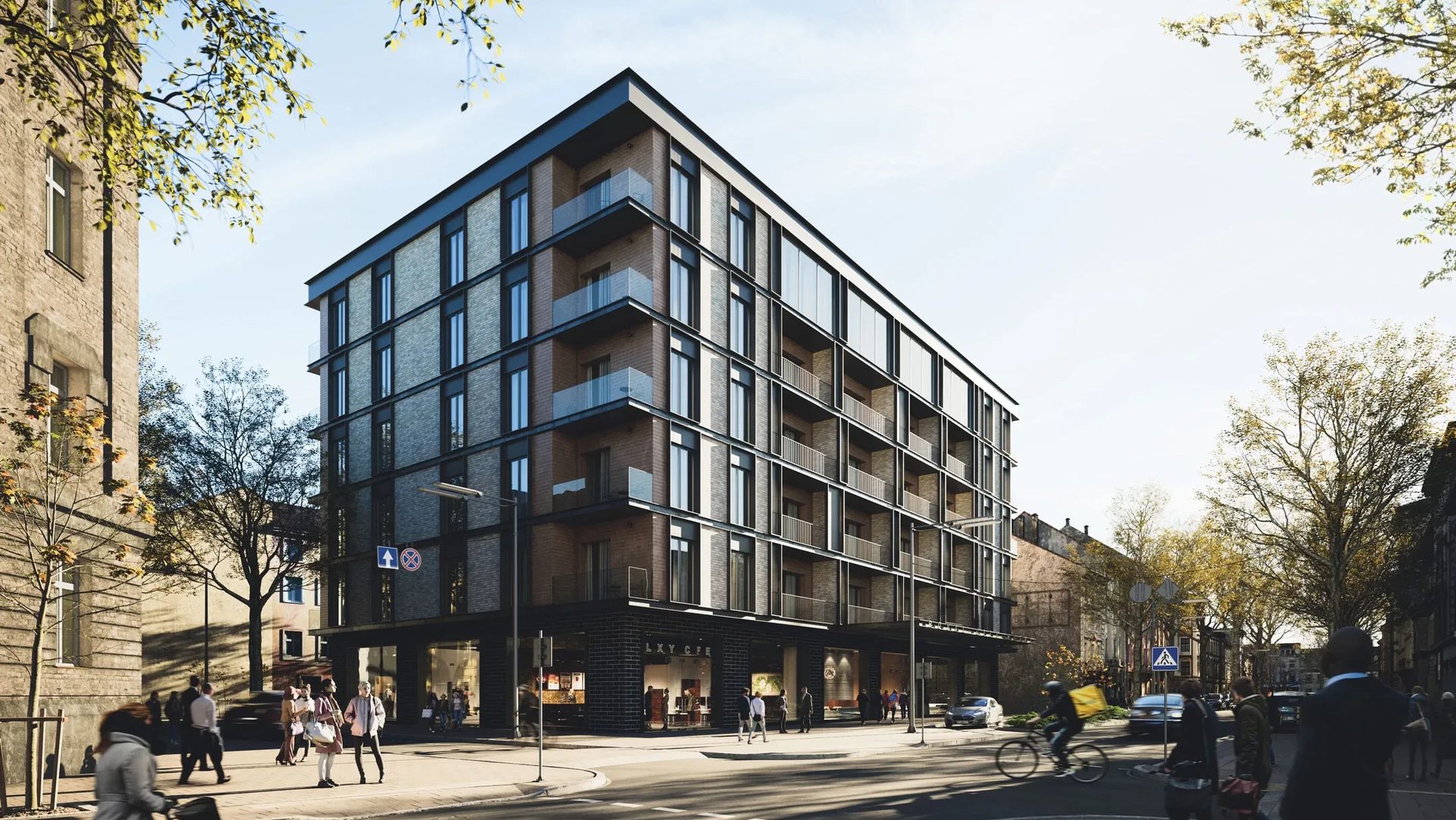 Hotel exterior design 3D render of a mid-rise building on a city street corner