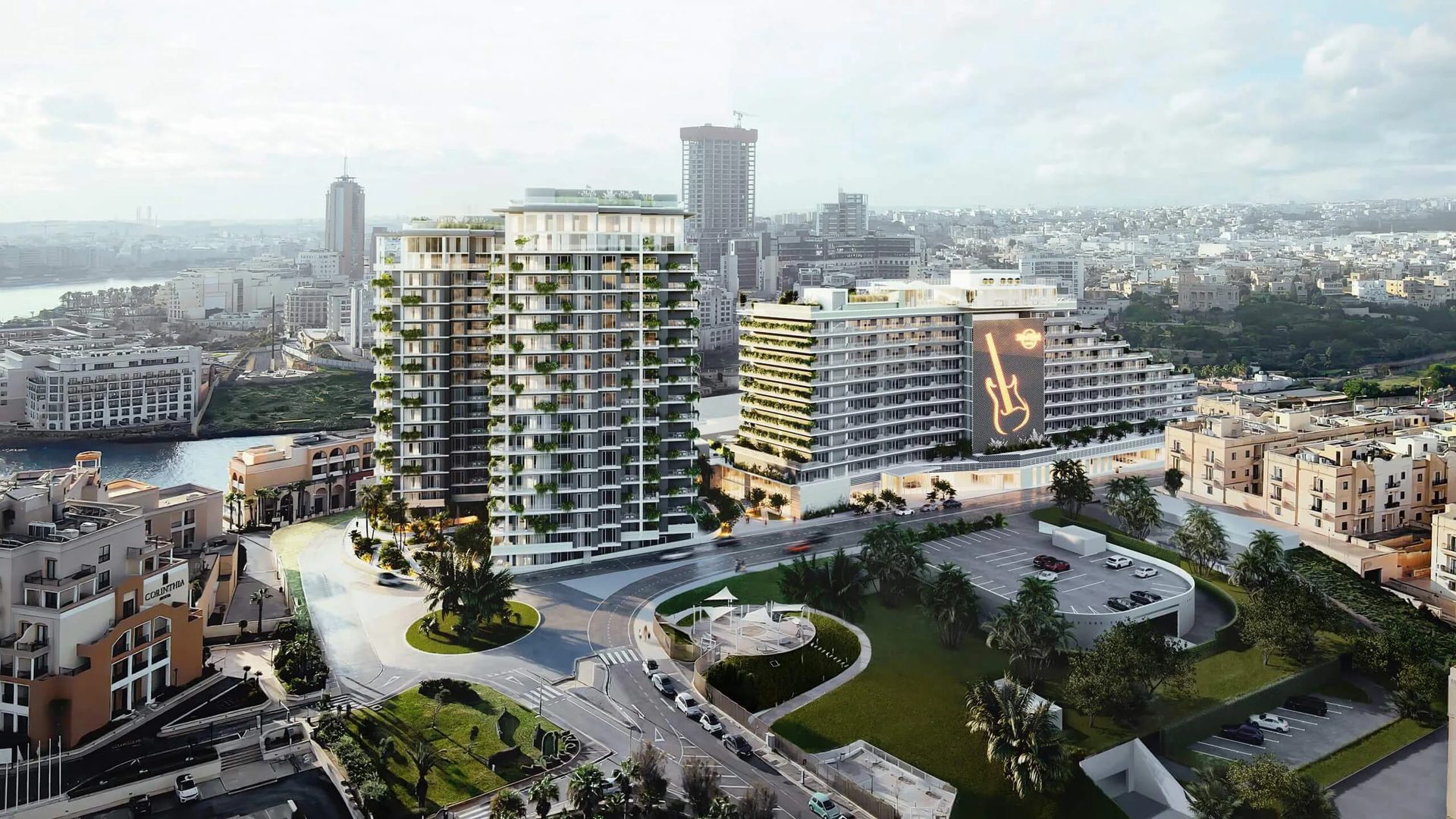 Modern hotel exterior, daytime aerial 3D render of a seafront hotel and residential towers