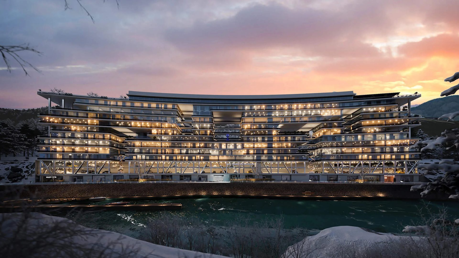 Hospitality architectural 3D rendering: curved facade of a resort hotel lit at dusk above the water