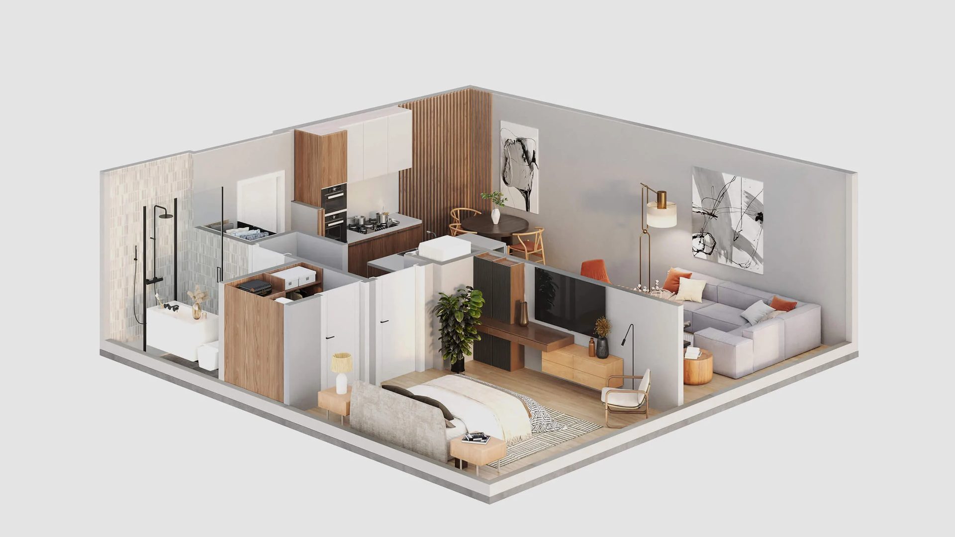 Hotel design plan in 3D: suite with bathroom, kitchenette, bedroom and living area
