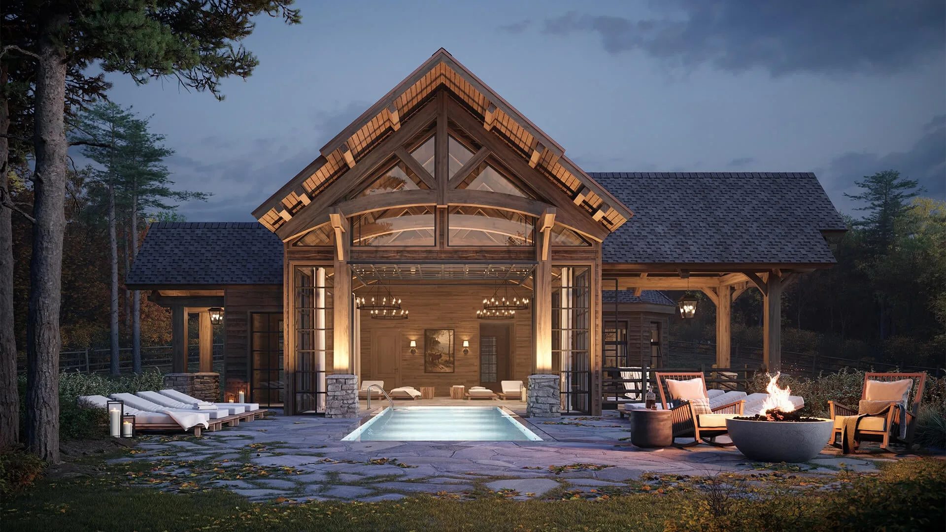 Hotel exterior design in 3D: timber lodge with a pool and fire pit at dusk