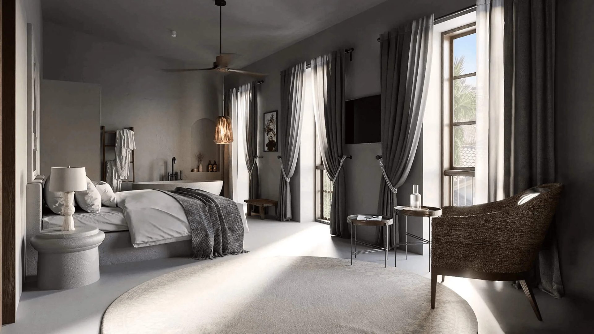 Hotel room interior rendering with a freestanding tub, soft grey palette and tall windows