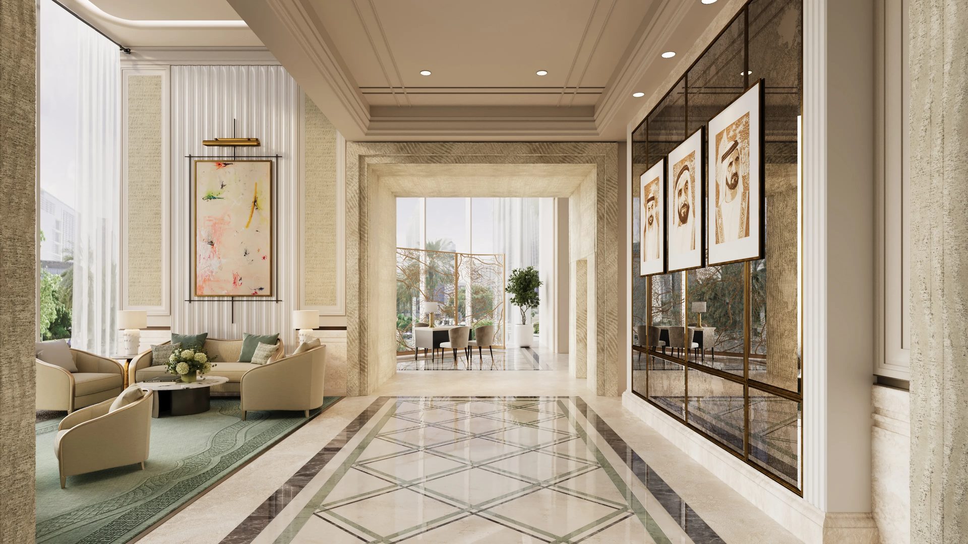 3D visualization of a luxury hotel lobby in Dubai with marble flooring, gold accents, lounge seating, and portrait gallery wall