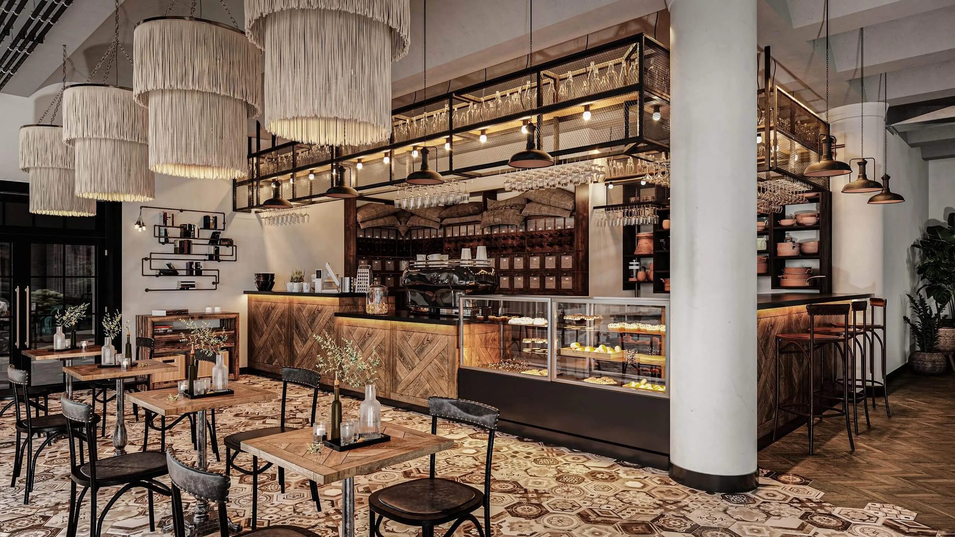 Hotel restaurant rendering: cafe and bakery counter with fringed pendant lights