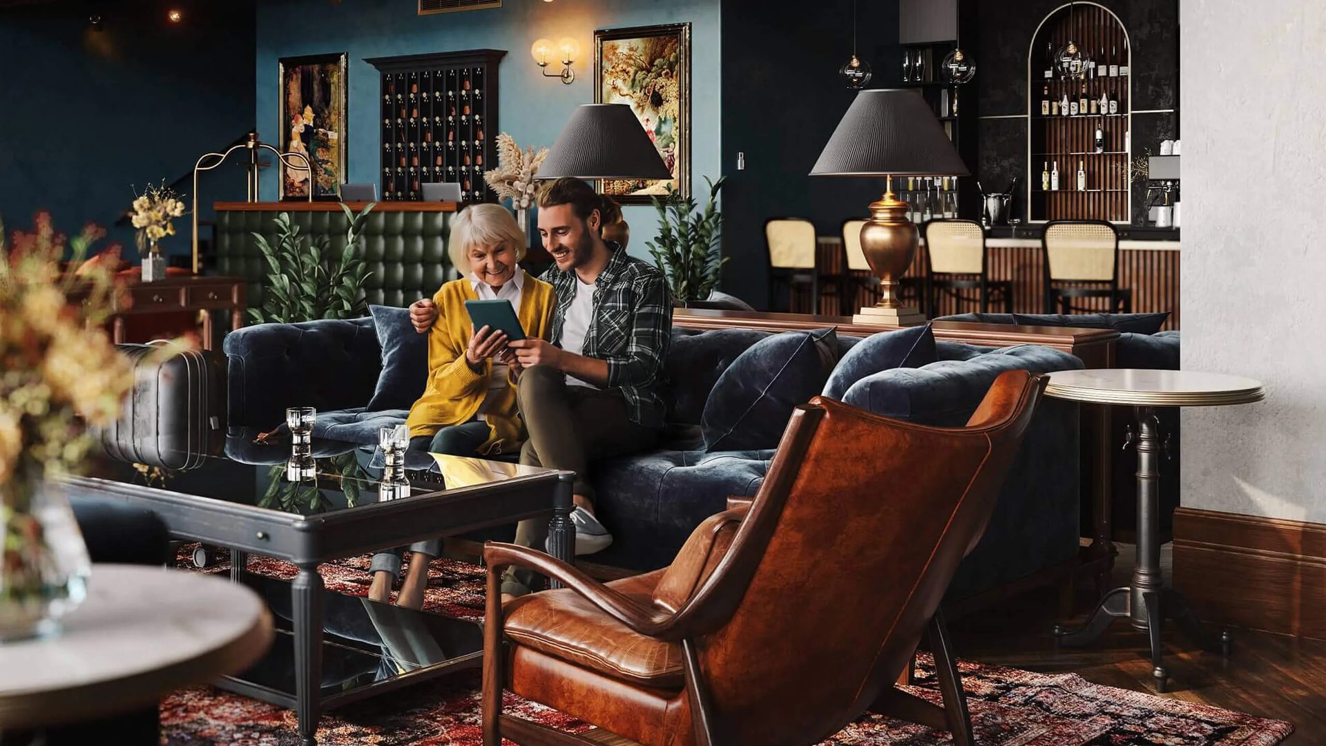 Hotel lobby rendering: guests seated in a dark blue lounge with a bar behind