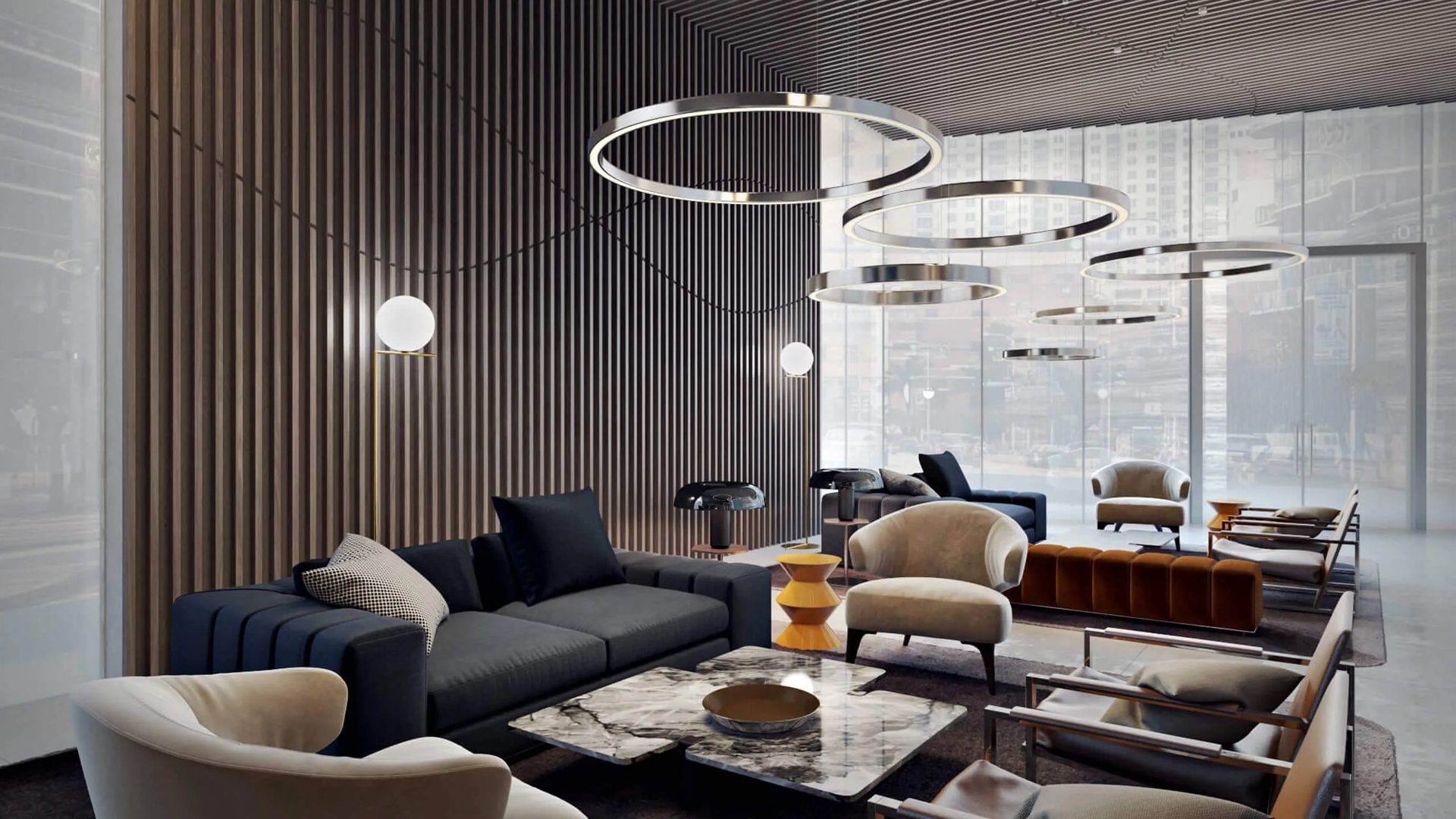 Hotel lounge area in 3D: modern seating with ring chandeliers and a slatted timber wall