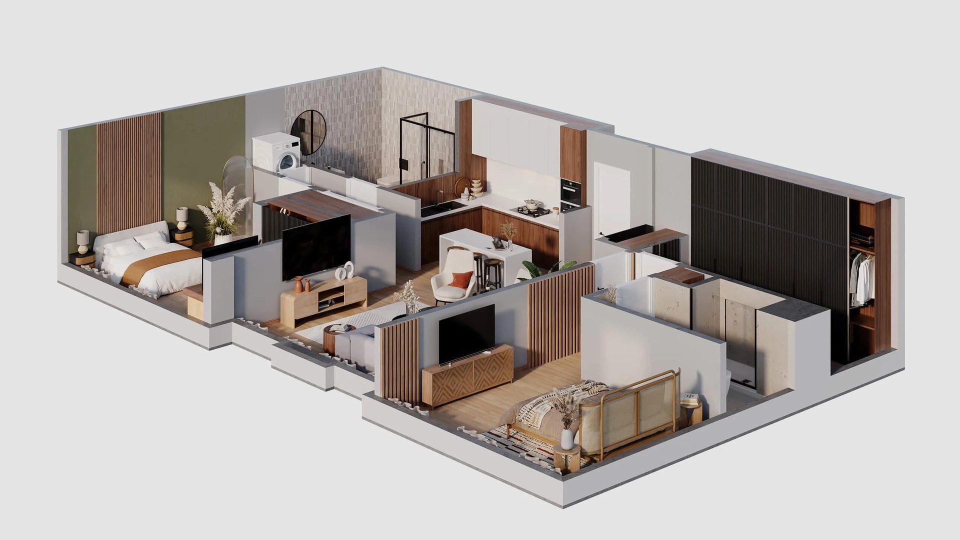 Hotel plan in 3D: cutaway of a hotel suite with bedroom, wardrobe and lounge area
