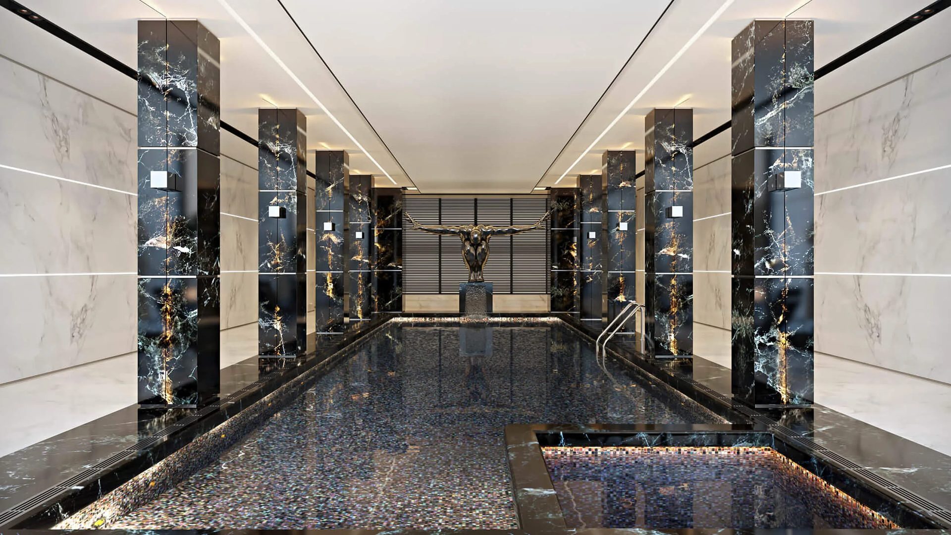 Hotel pool rendering: indoor swimming pool with black marble columns