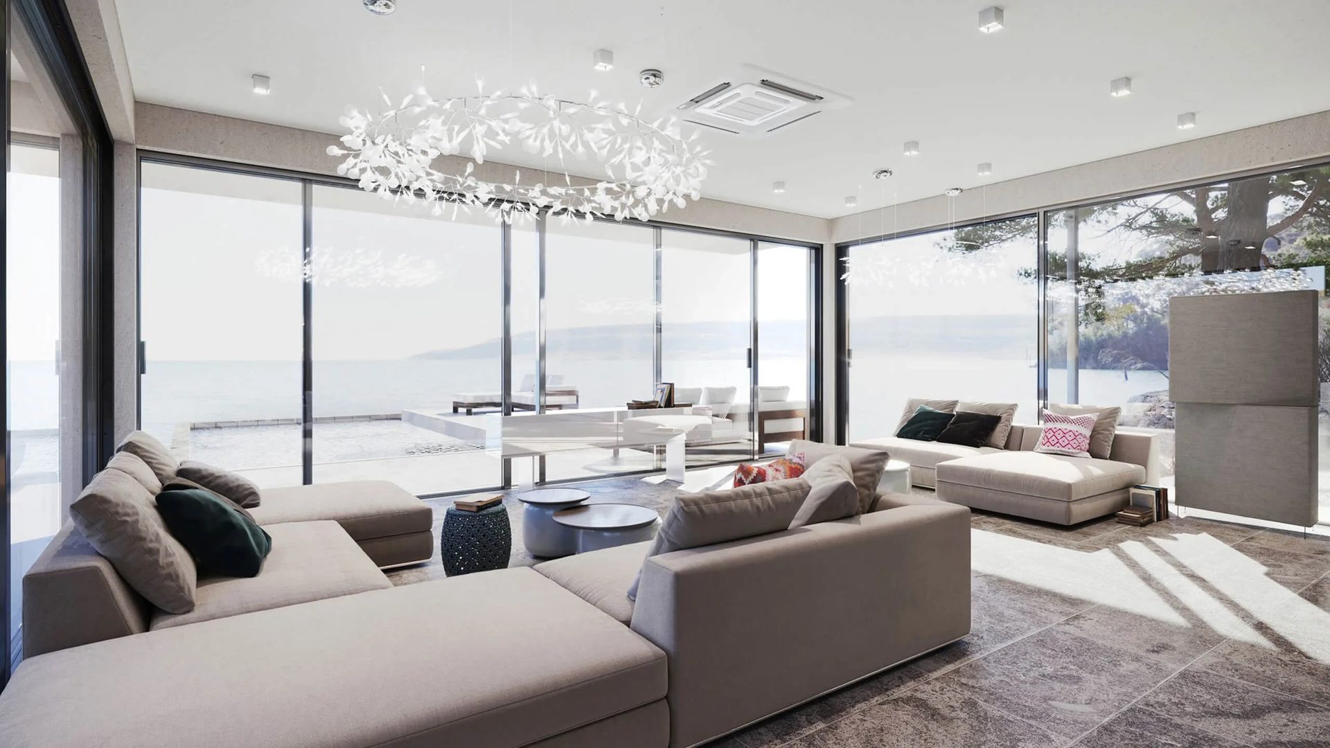 Hotel suite lounge visualization with white sofas and a panoramic sea view