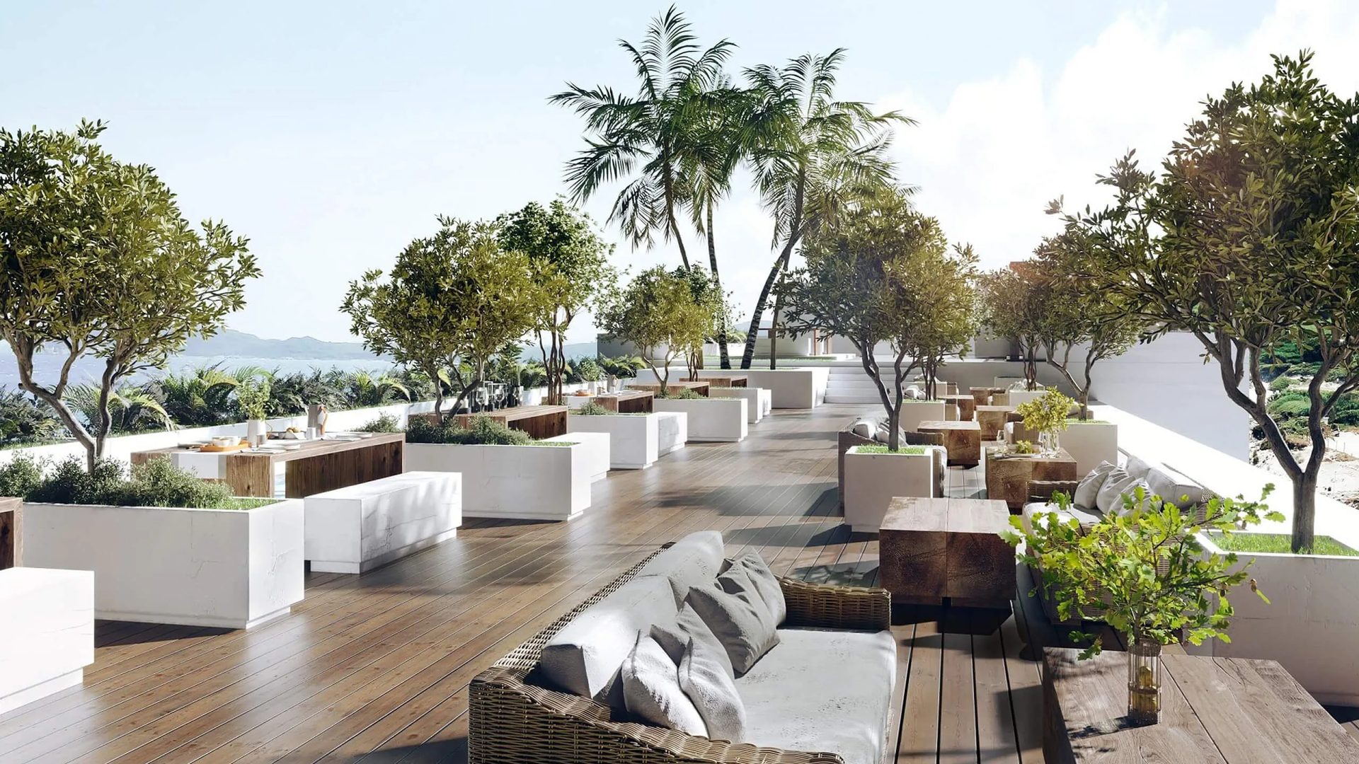 Hotel terrace rendering with palm trees, planters and lounge seating over the sea