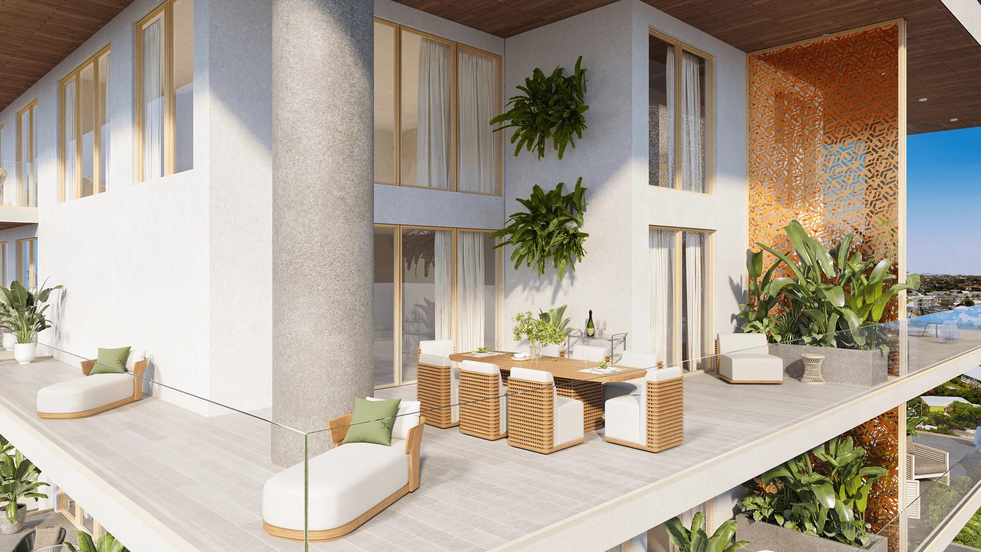 Hospitality 3D rendering of a hotel terrace with dining seating, planters and a sea view