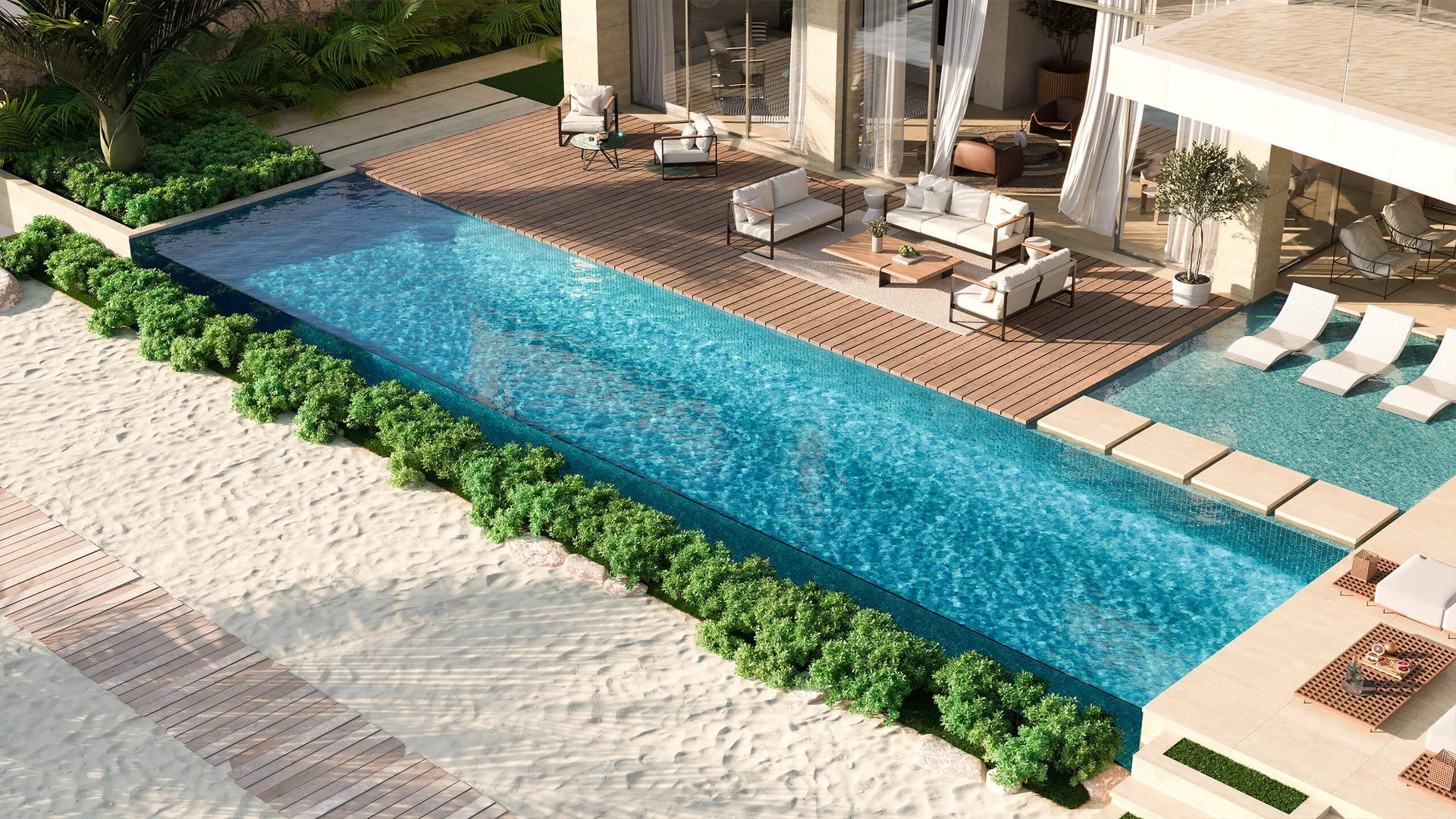 3D render of a resort suite amenity: private pool and sun deck facing the beach