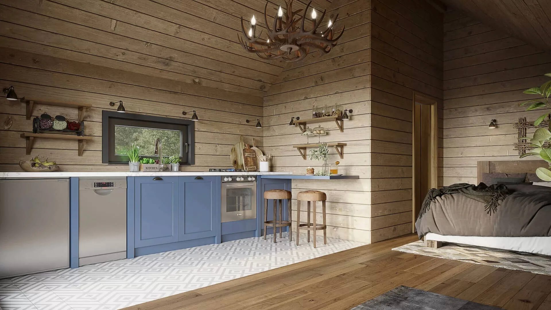 3D render of a cabin studio room with a blue kitchen and a bed area