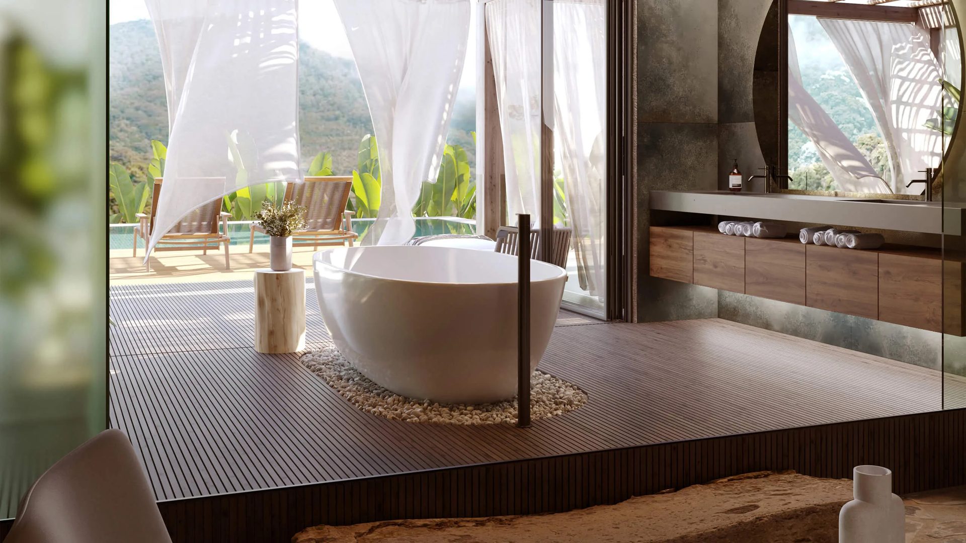 Hotel suite terrace with a freestanding bathtub and a view of the hills