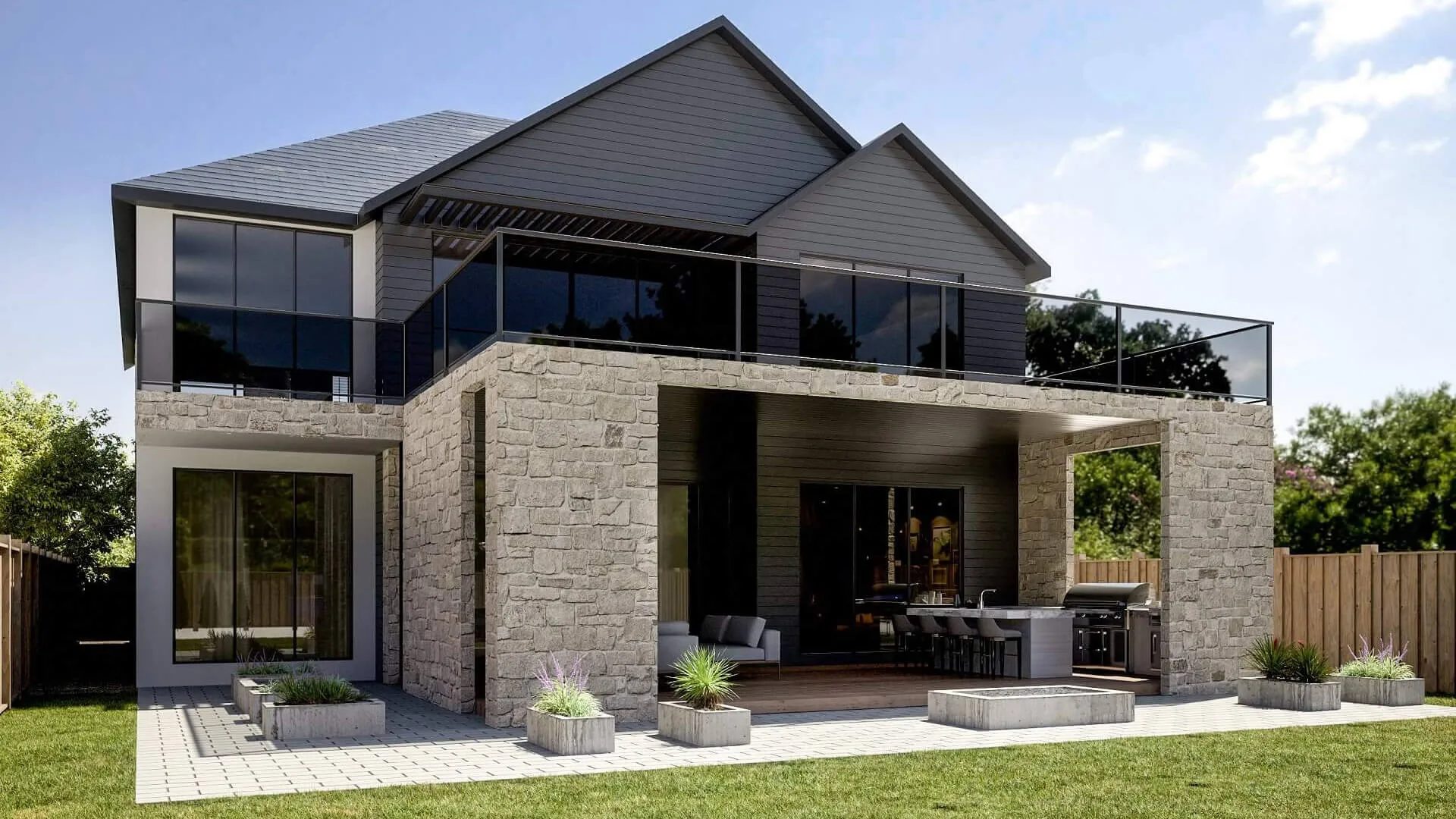 House 3D render of a backyard and terrace of a family home