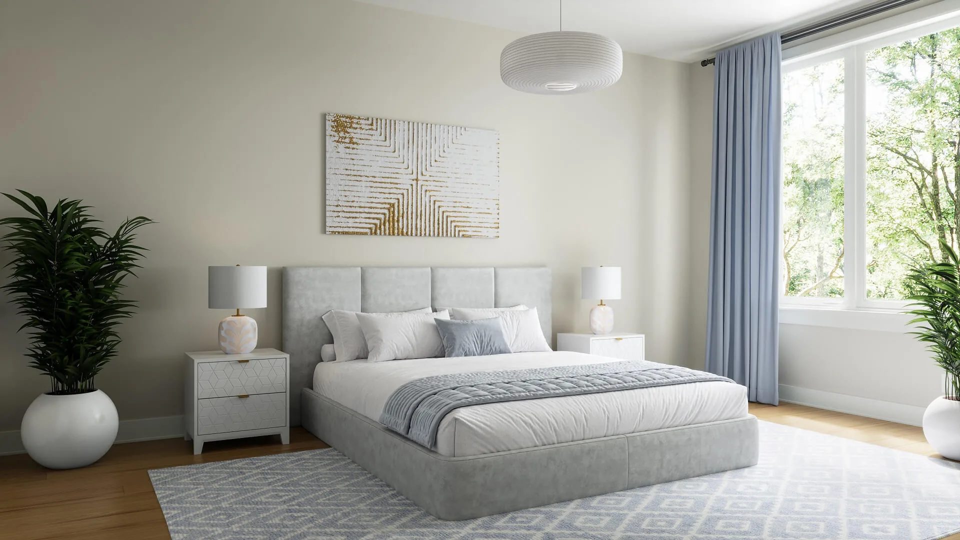 3D rendering of a bright single family house bedroom with a large window