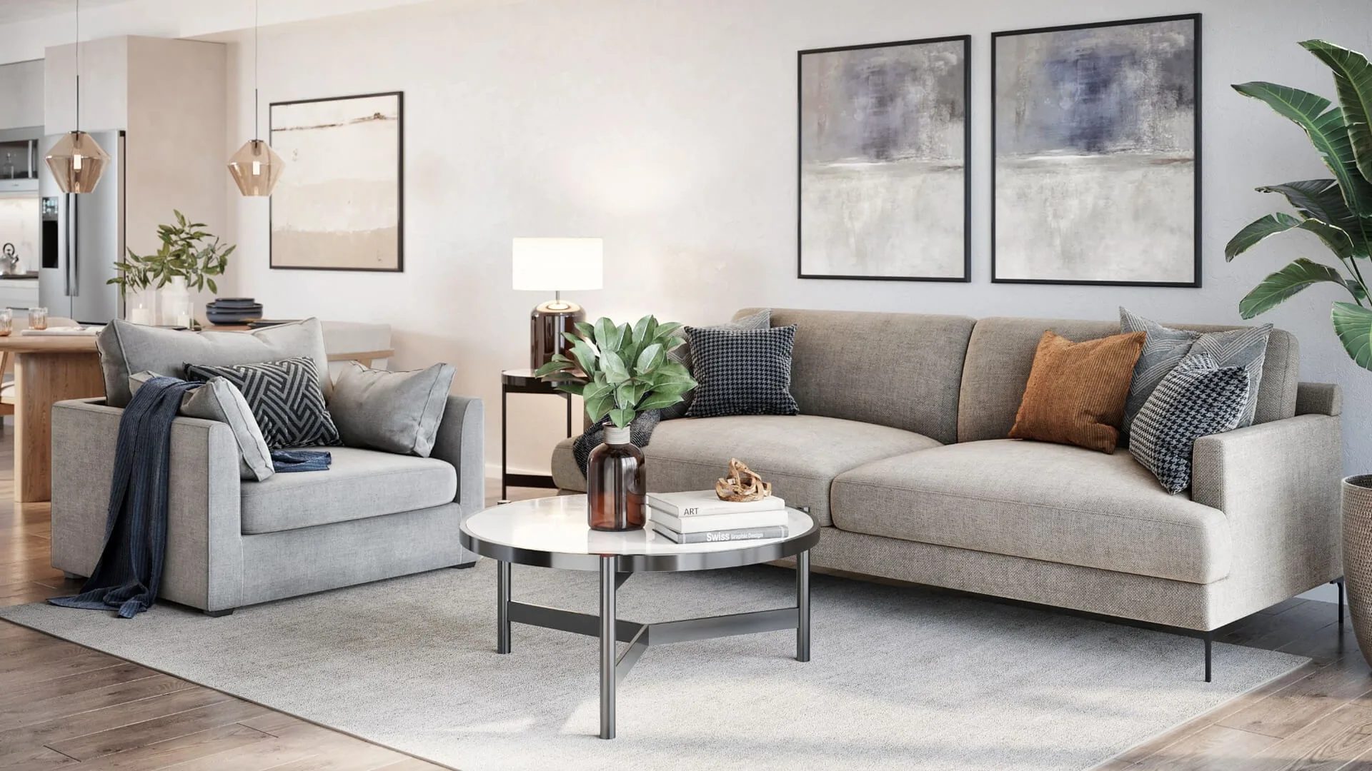 House 3D render of a living room with seating and daylight