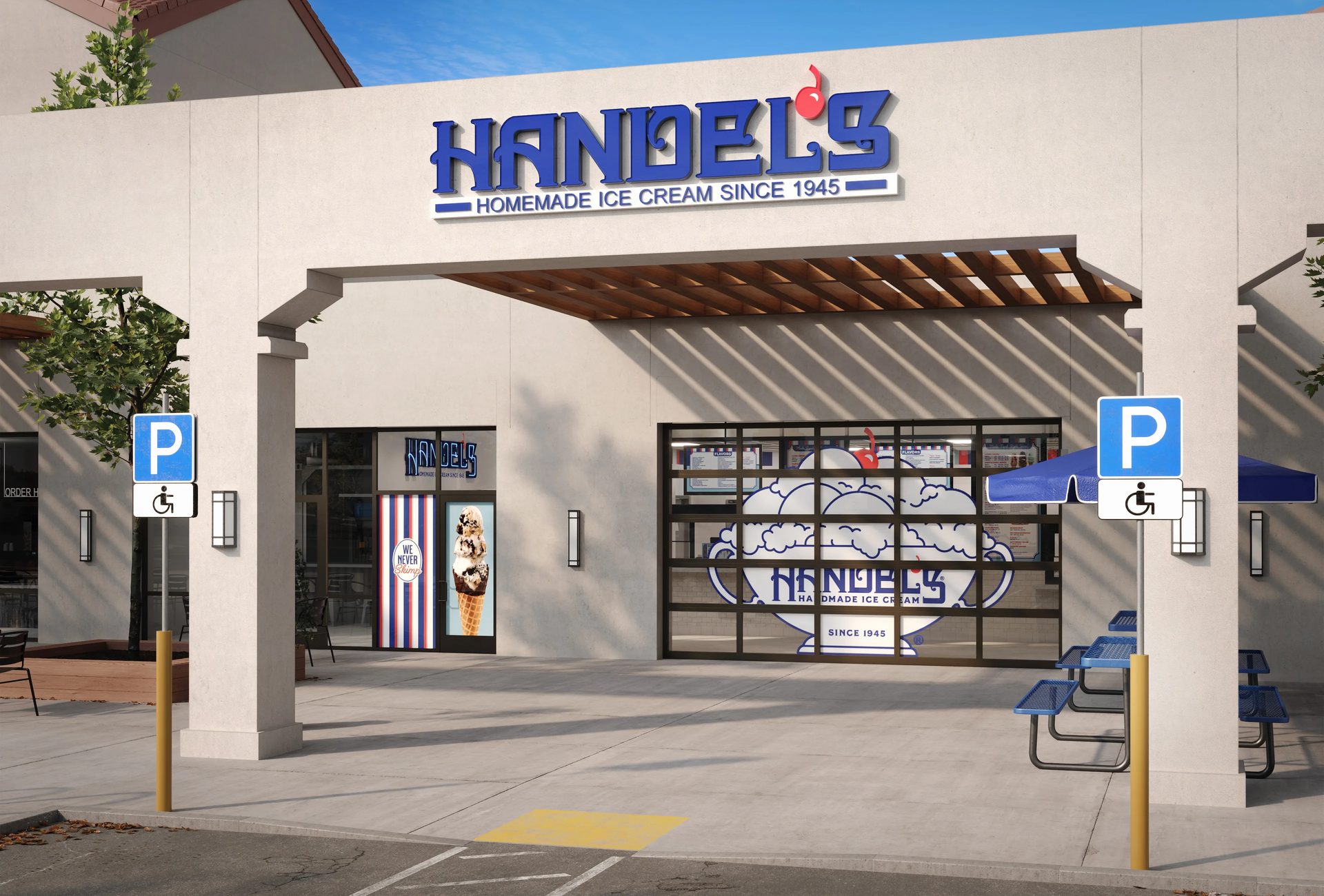 CGI of a walk-in ice cream shop storefront with a pergola entrance, branded signage, and outdoor seating in California