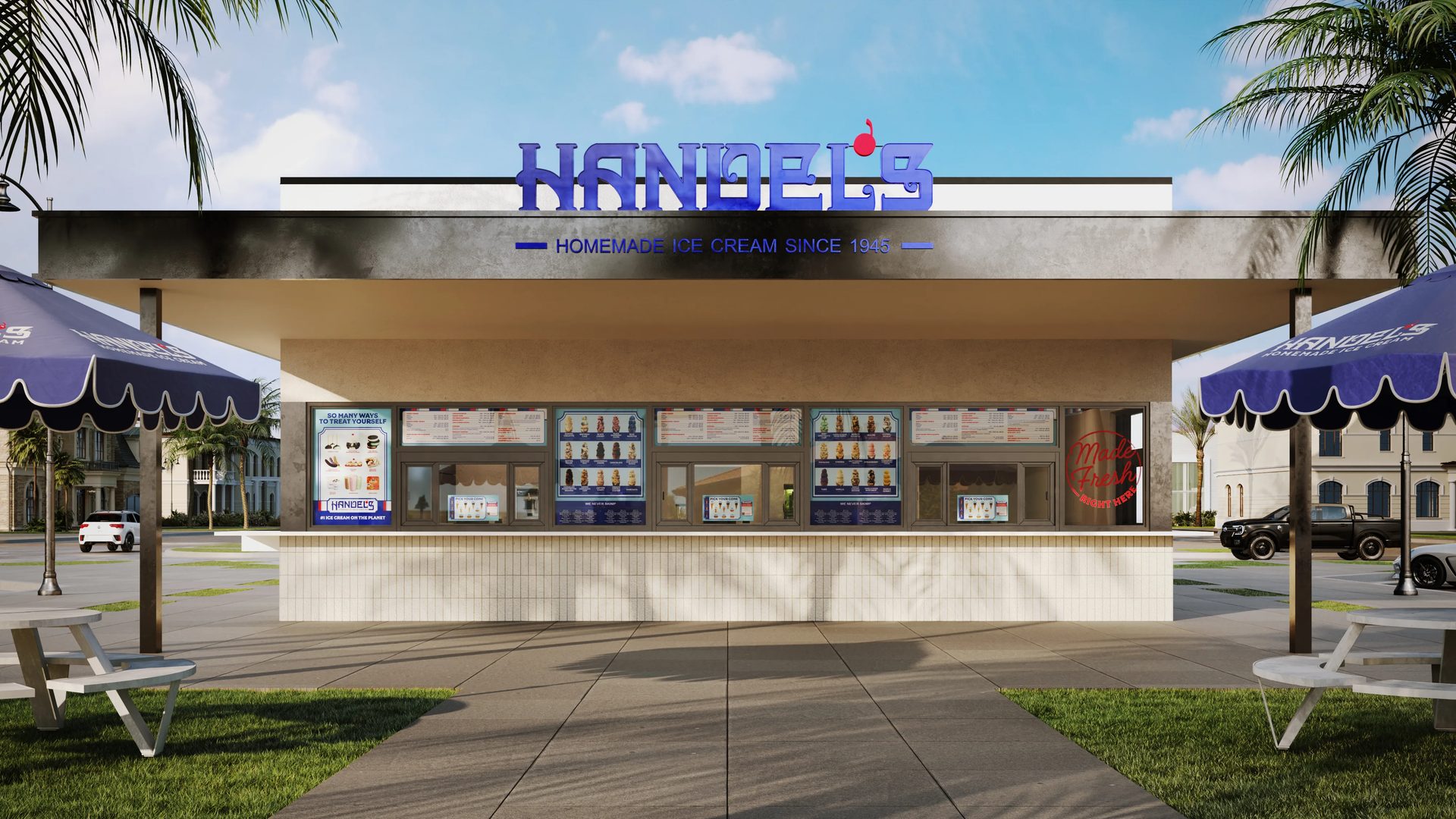 3D rendering of a walk-up ice cream shop with an open service counter, menu boards, branded umbrellas, and palm trees in California