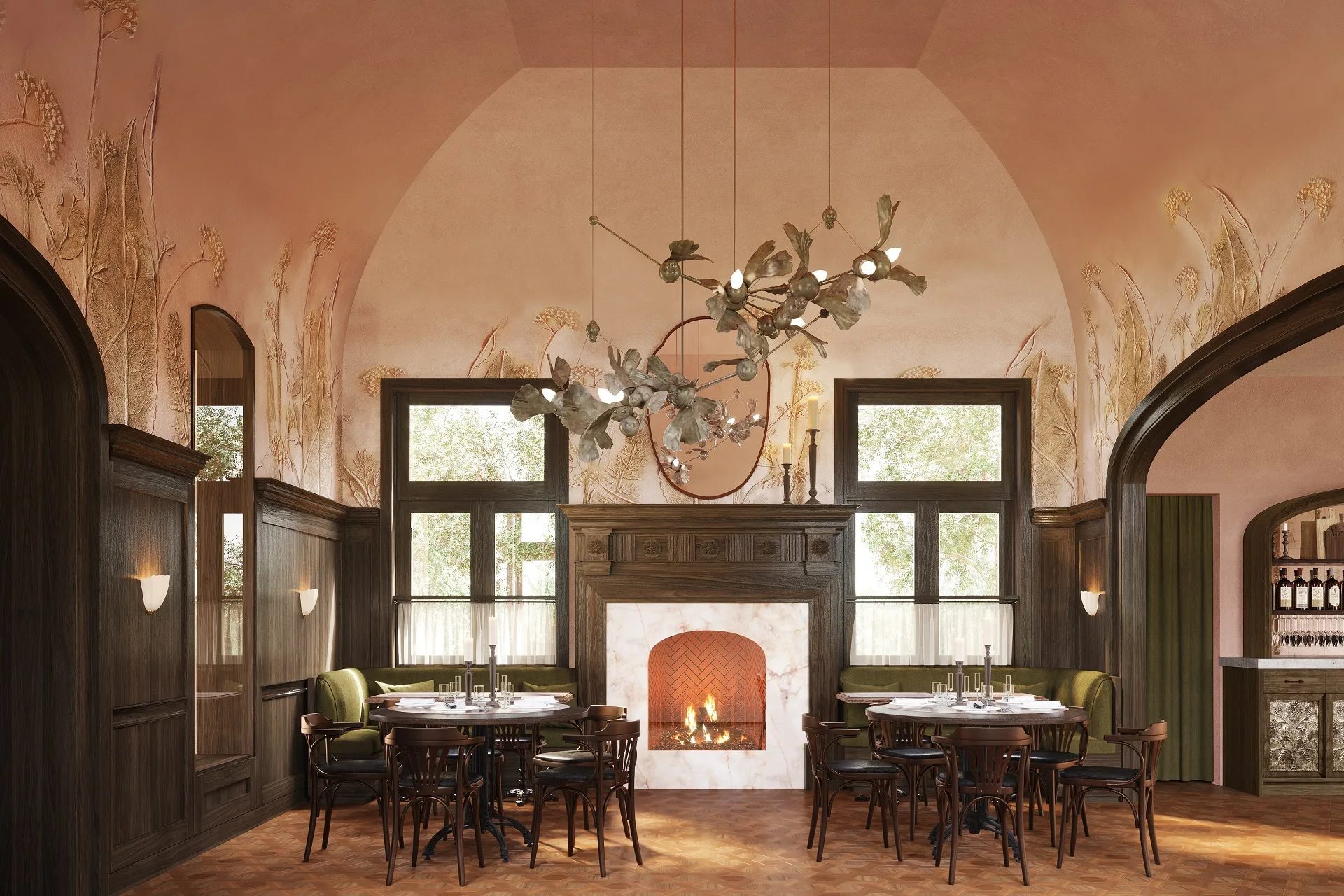 Interior rendering of a restaurant dining room with vaulted plaster ceiling, botanical relief murals, marble fireplace, olive-green banquettes, and sculptural chandelier