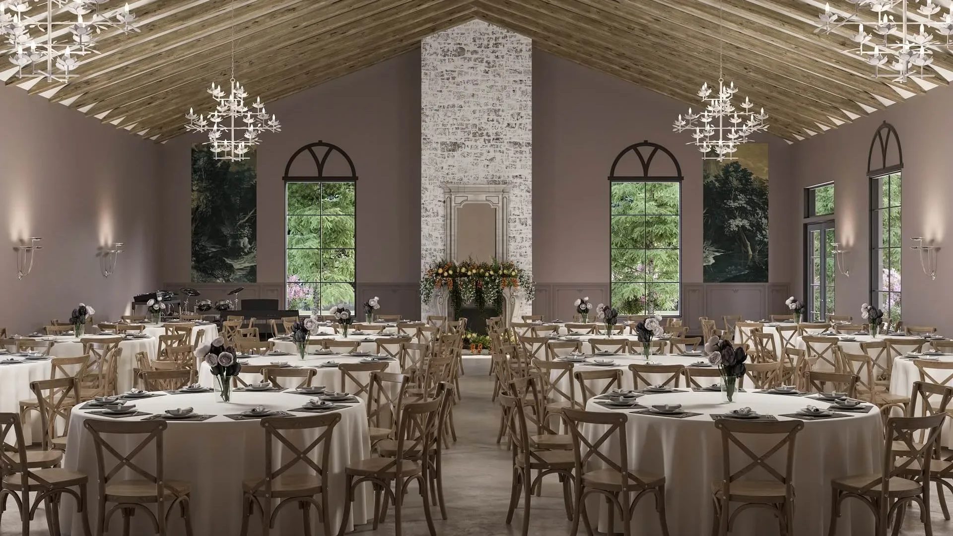 3D interior visualization of an event venue with a vaulted wooden ceiling
