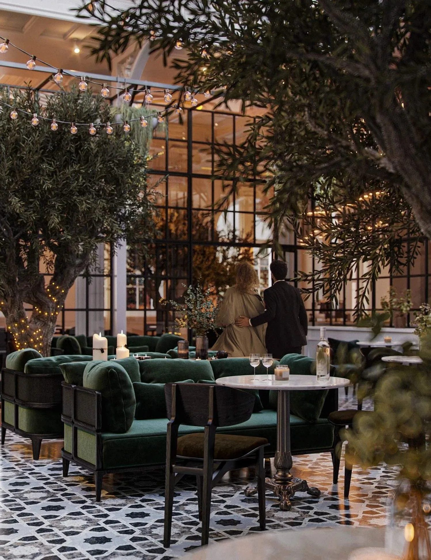 Luxurious modern restaurant interior, photorealistic 3D architectural visualization of a garden dining room