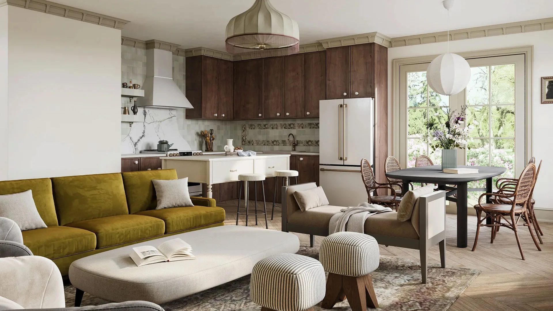 Luxury real estate virtual tour: event venue lounge with an open kitchen and olive-green sofa