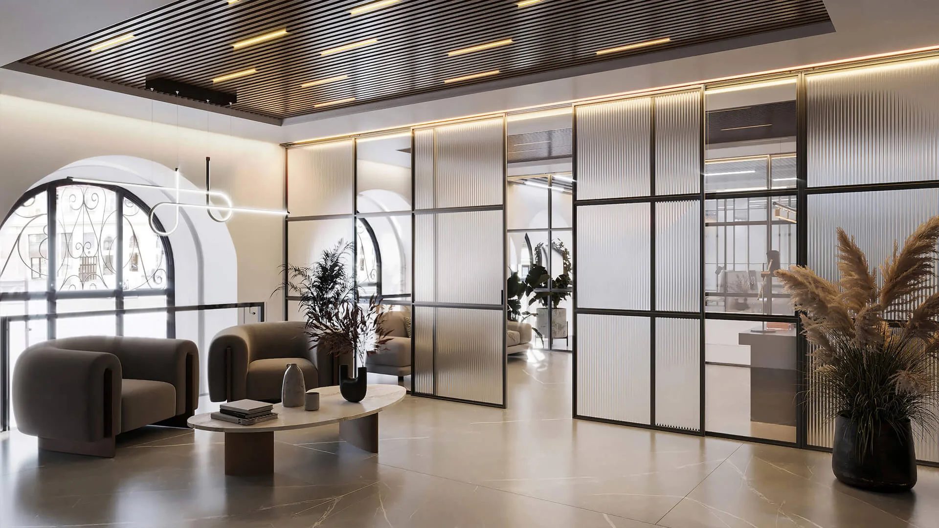 Marketing CGI: office lounge with glass partitions, an arched window and plants