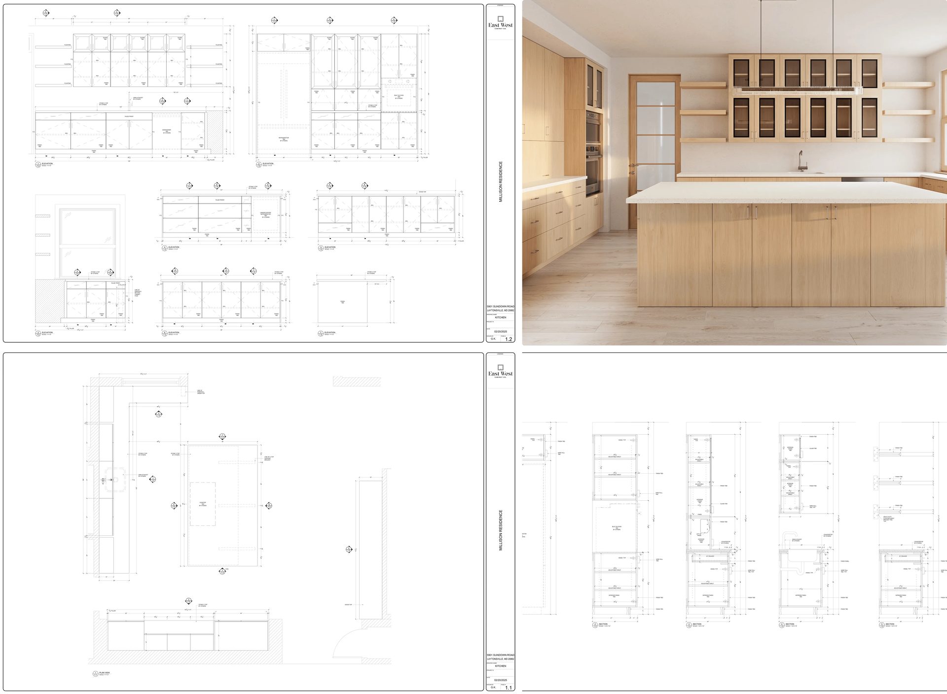 Millwork shop drawings for custom kitchen cabinetry shown alongside a 3D rendering of the finished kitchen design
