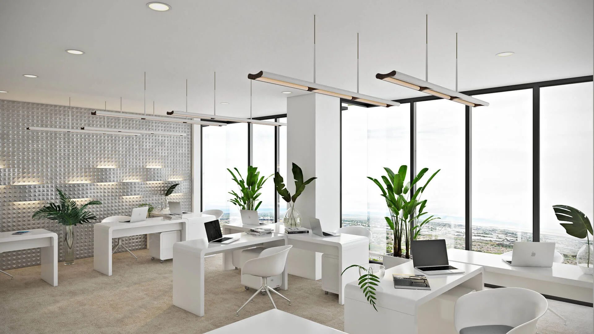 3D interior visualization of a bright white office workspace with laptops and plants