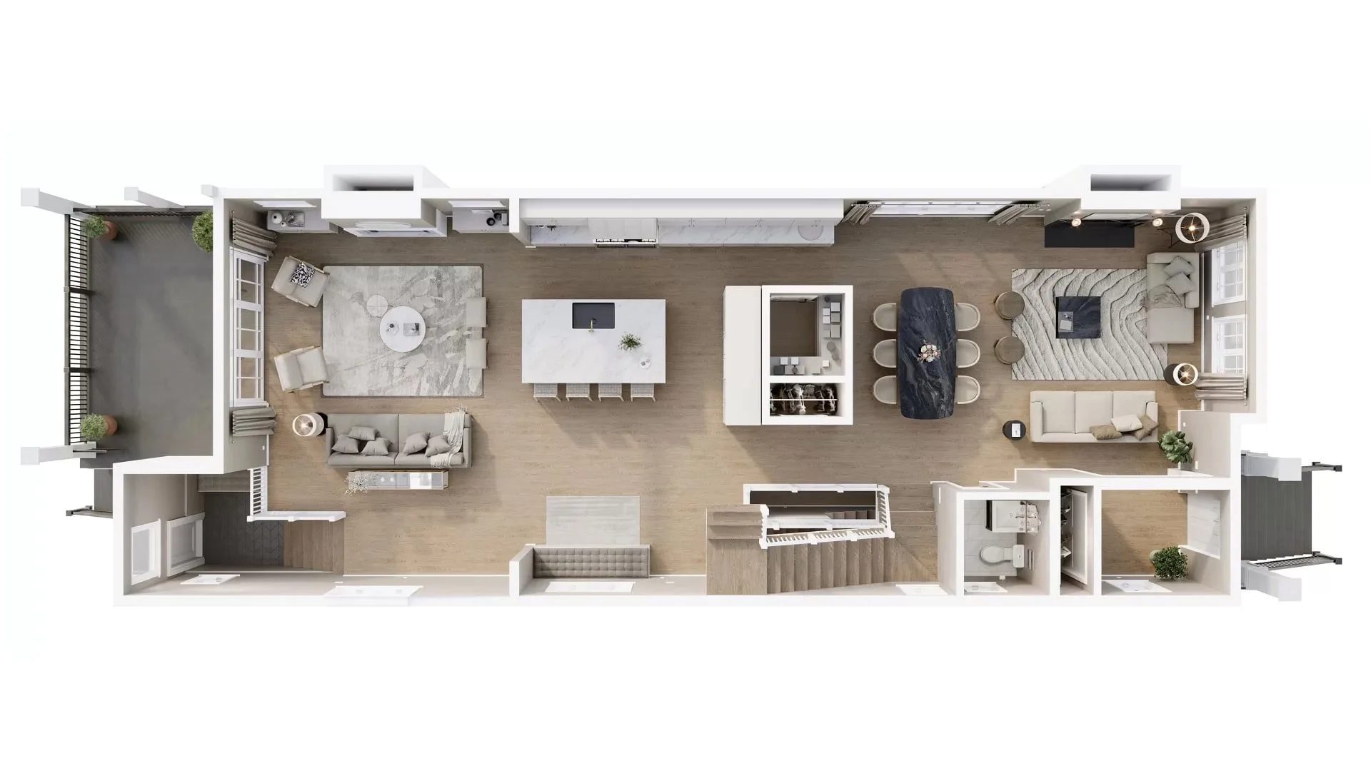 Modern townhouse floor plan: furnished top view of a town home level