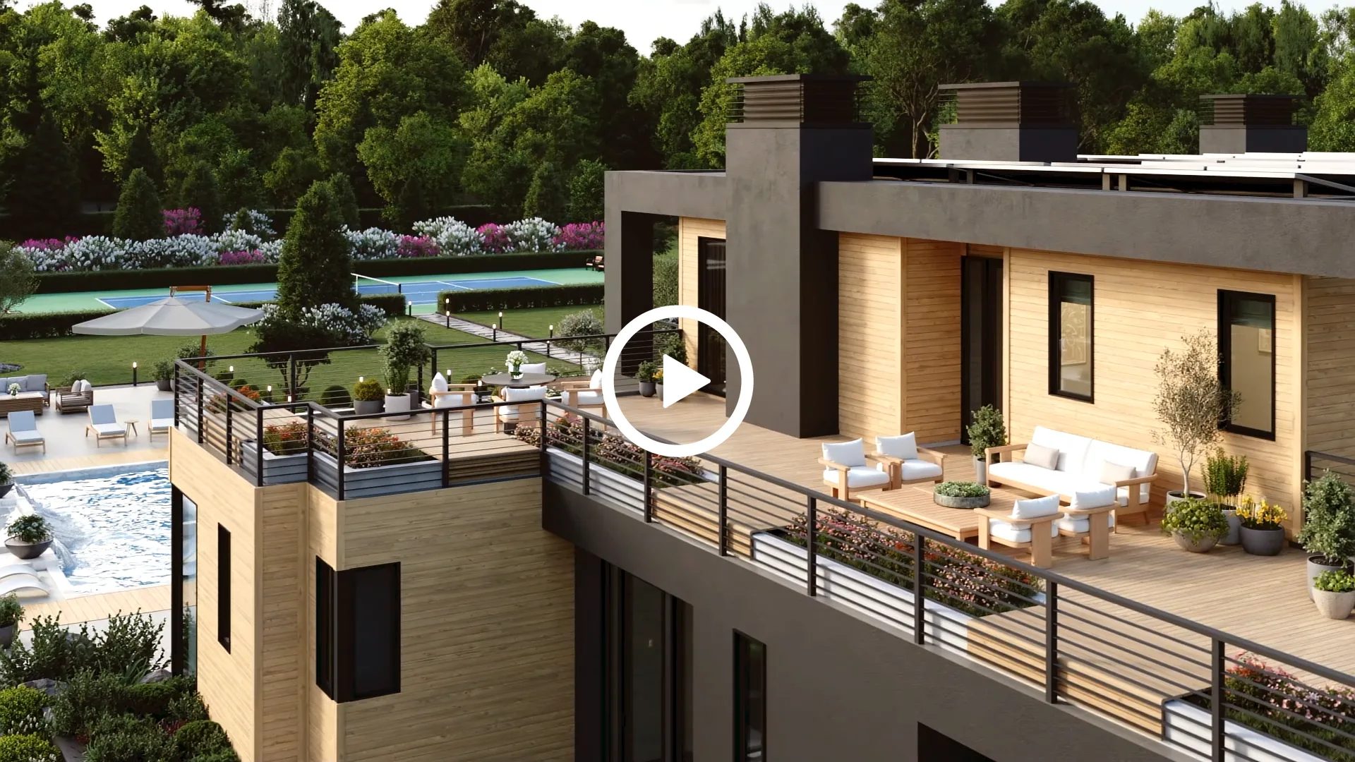 3D rendering close-up of a modern wood-clad villa with tiered terraces, rooftop lounge, pool, and tennis court in a landscaped garden