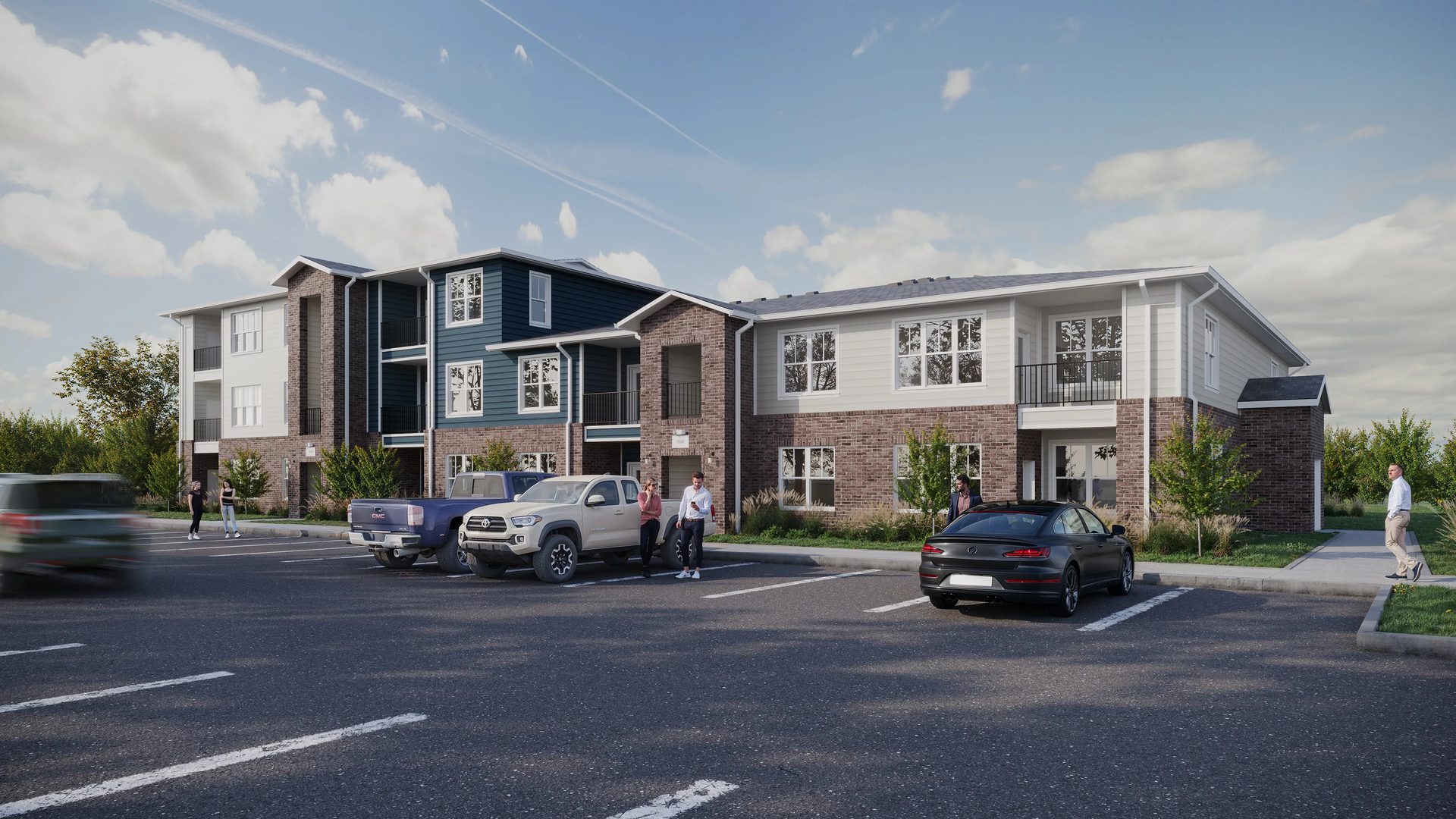 CGI of a two-story brick-and-siding multifamily building with parking lot and residents in Kentucky