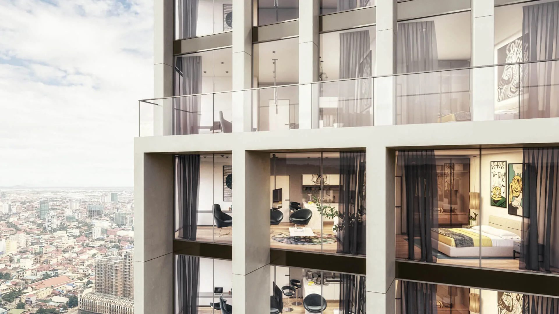 Office building 3D render: cutaway of a tower facade showing furnished interiors