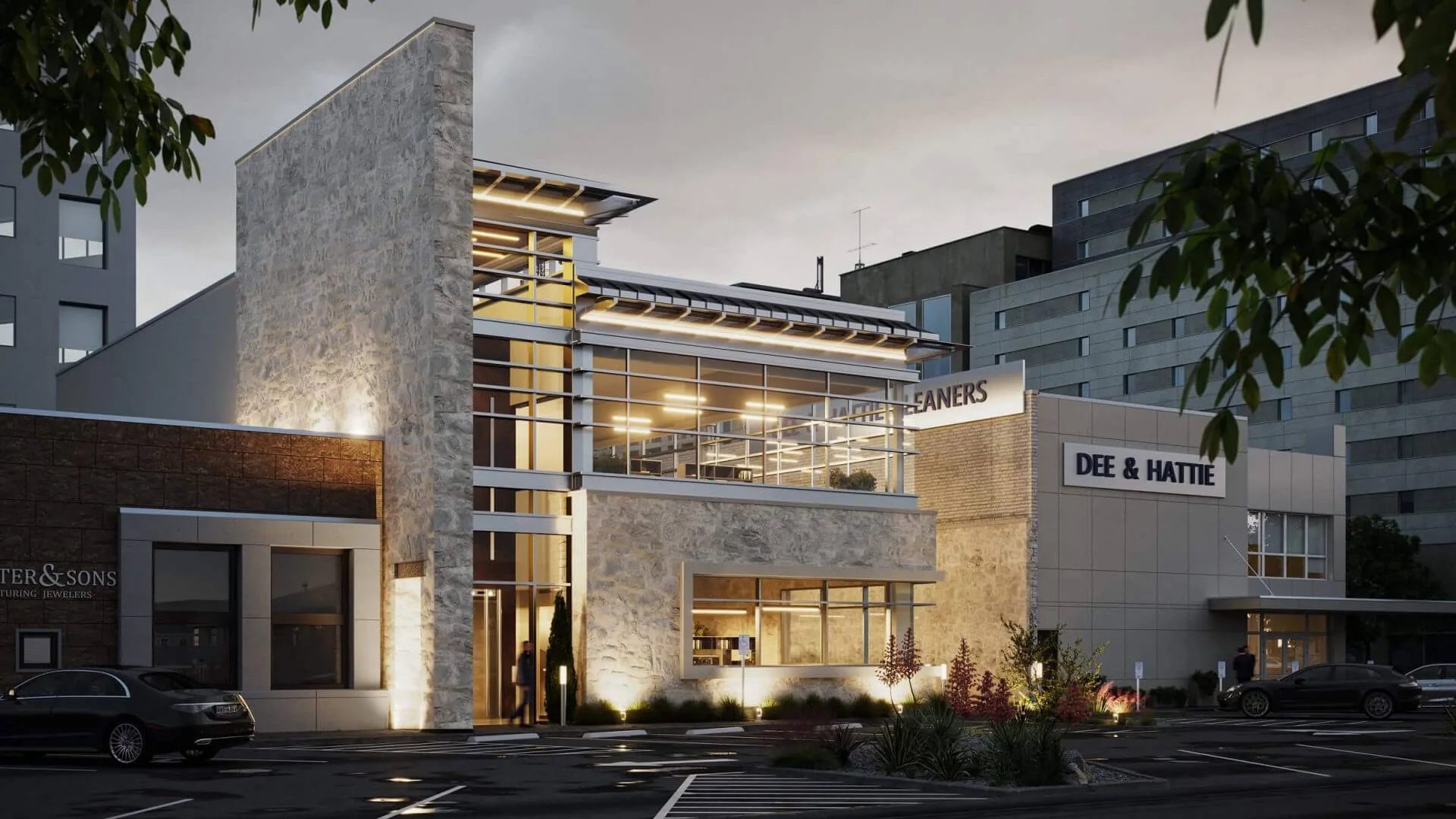 Office building rendering of a stone-clad low-rise with an illuminated entrance at dusk