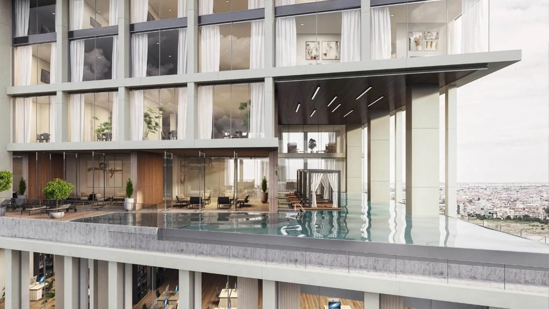 3D office building rendering with a rooftop pool terrace above the city