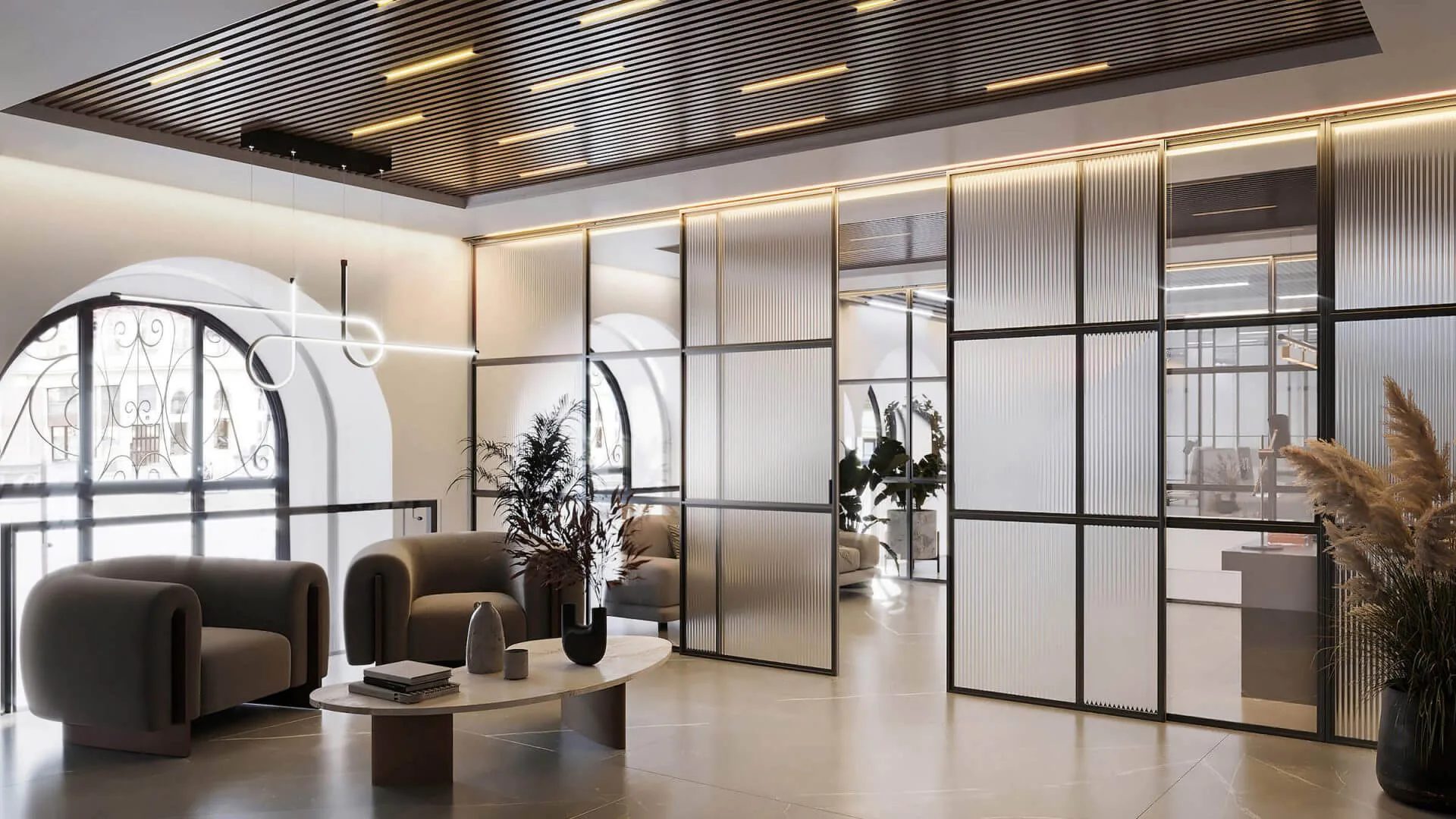 3D office visualization of a reception area with arched glazing and lounge armchairs