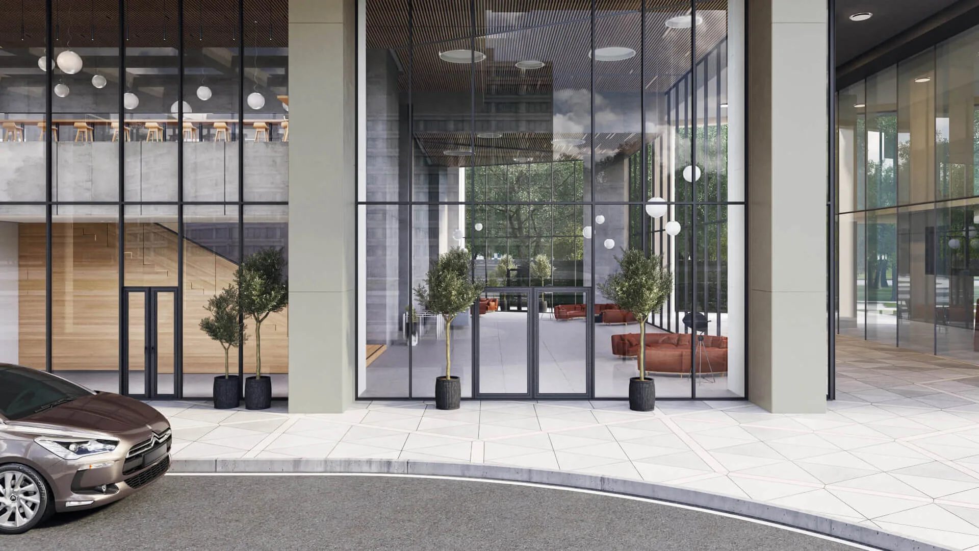3D office exterior rendering of a glass entrance lobby with a car at the door