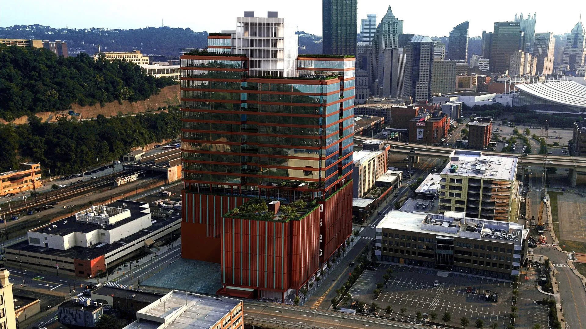 Aerial 3D rendering of an office tower in a downtown district