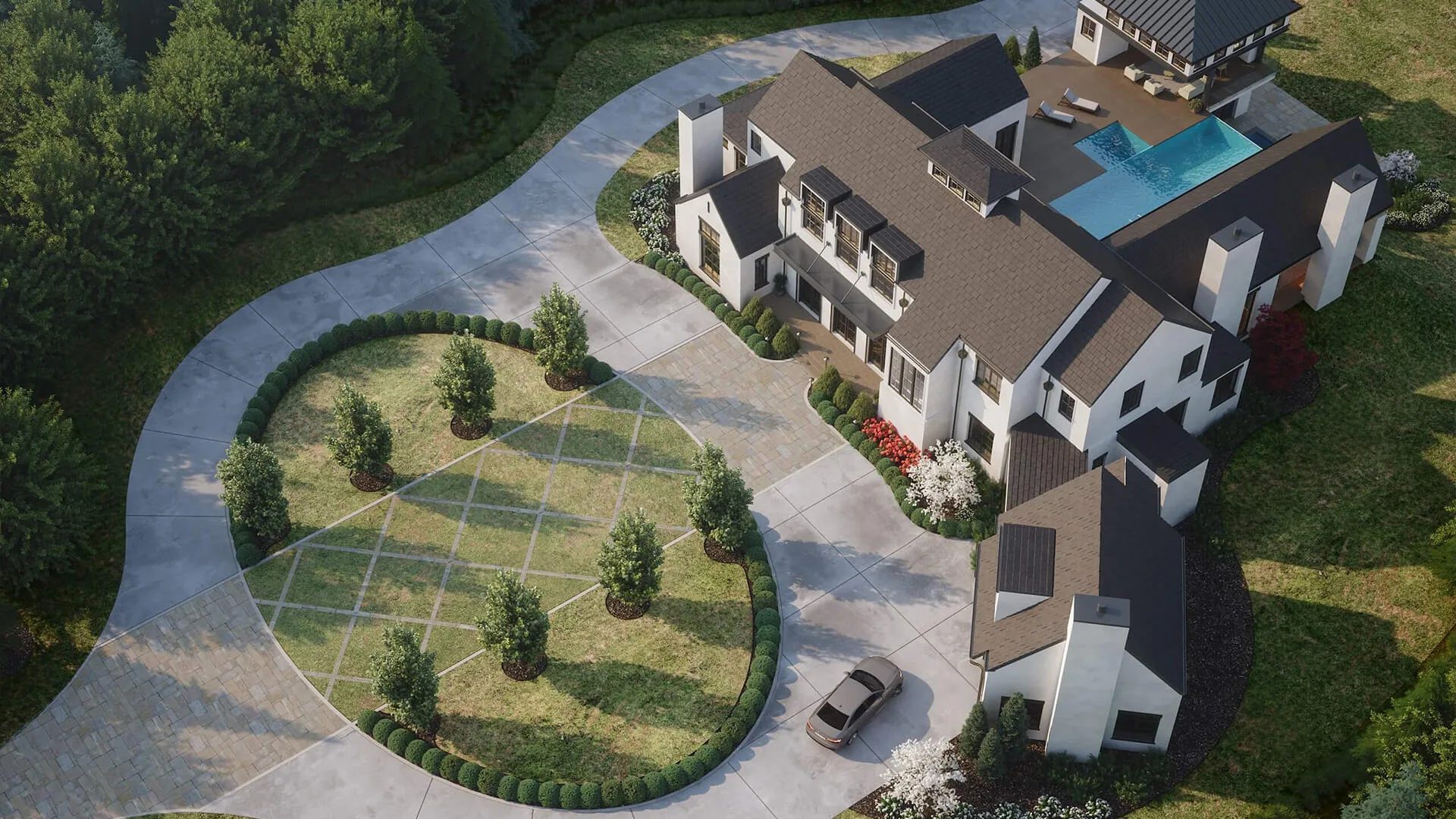 Real estate 3D exterior rendering: aerial view of an estate with a circular drive and a pool