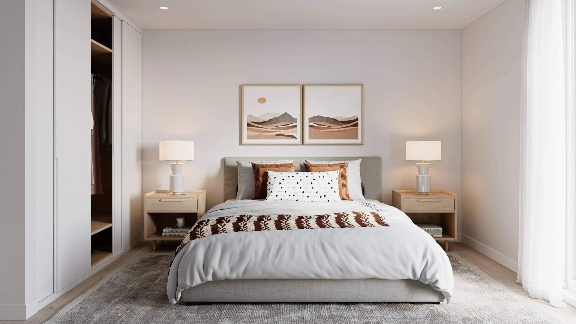 Real estate 3D image of a bedroom with a built in wardrobe and framed art