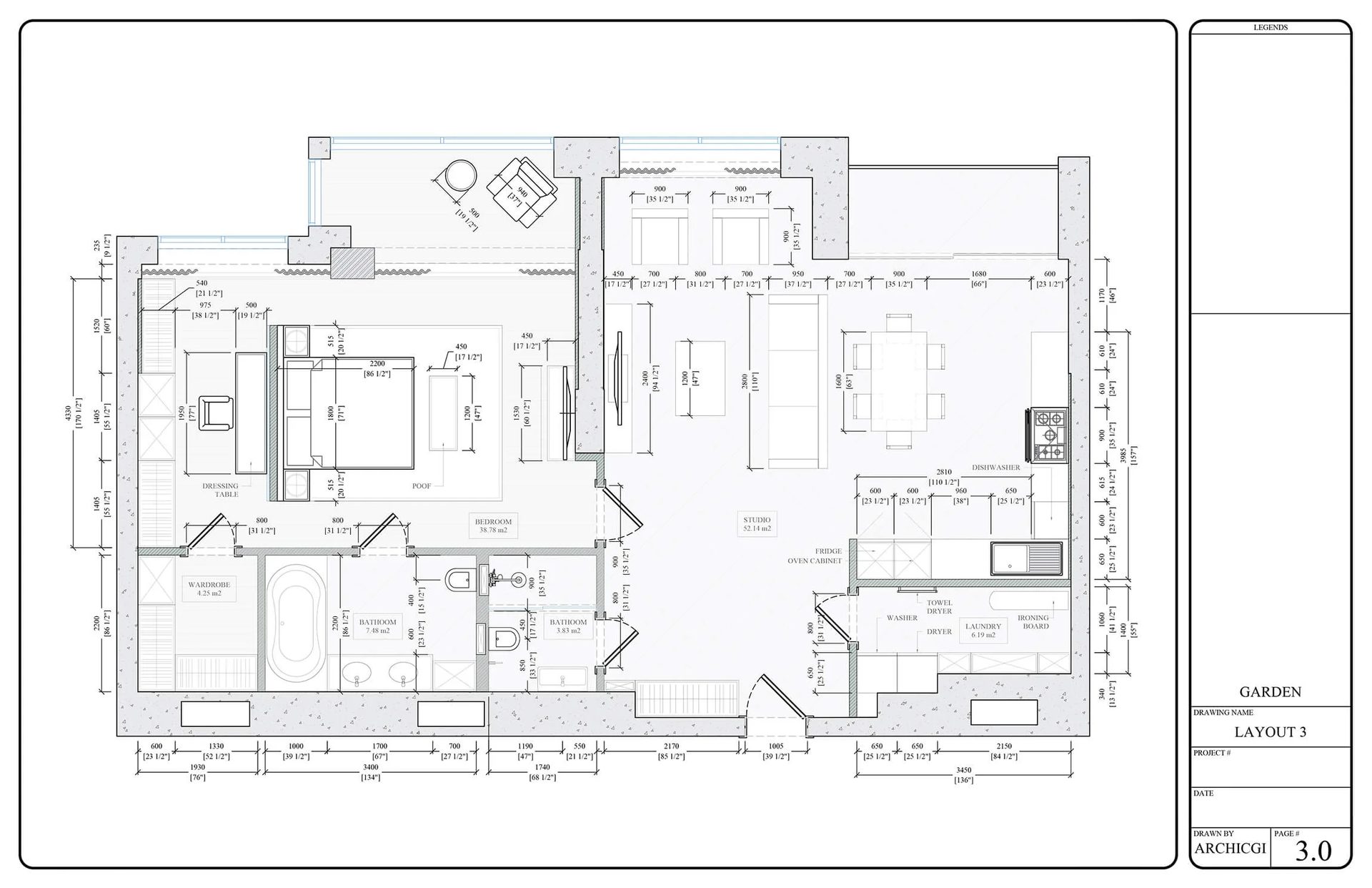 Technical floor plan drawing of an apartment with furniture layout and dimensions