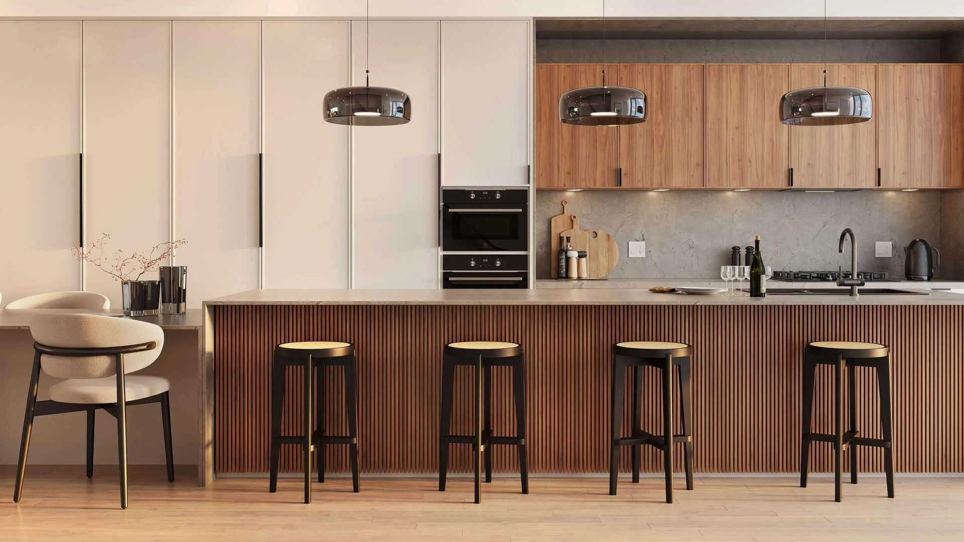 Real estate 3D render of a kitchen with a wood island and bar stools